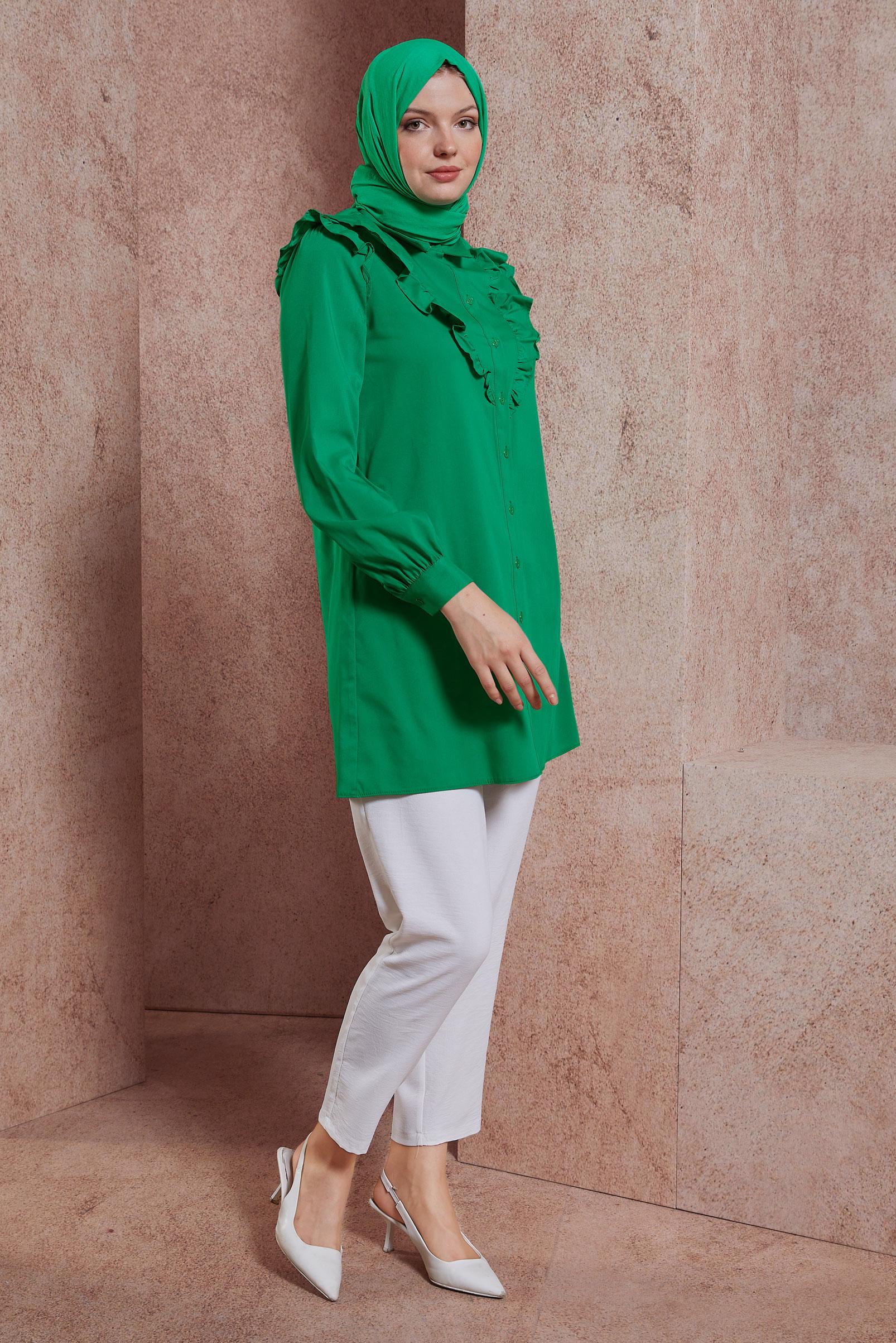 Tesettür giyim YEŞİL FIRFIR DETAYLI GÖMLEK TUNİK 44589