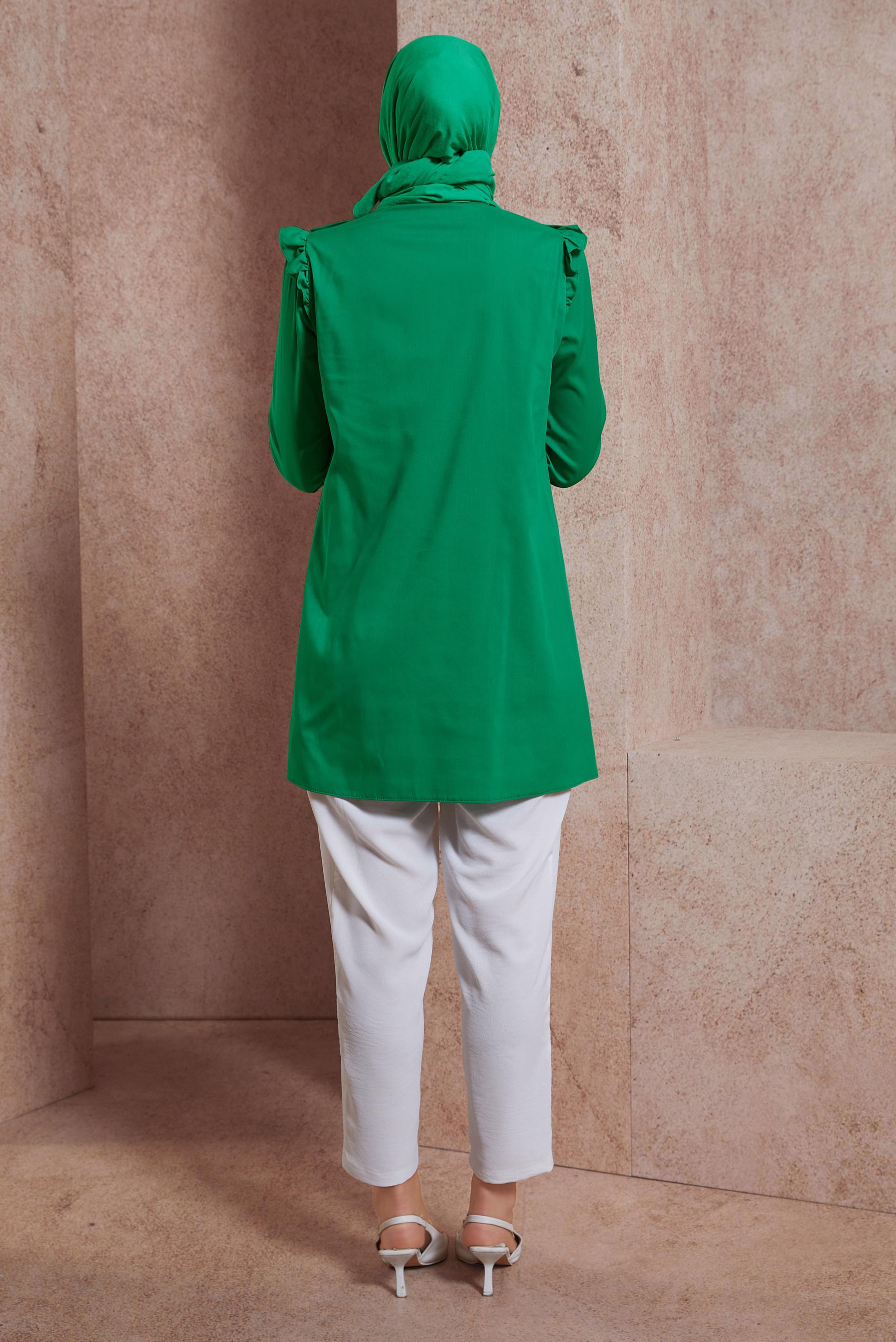 Tesettür giyim YEŞİL FIRFIR DETAYLI GÖMLEK TUNİK 44589