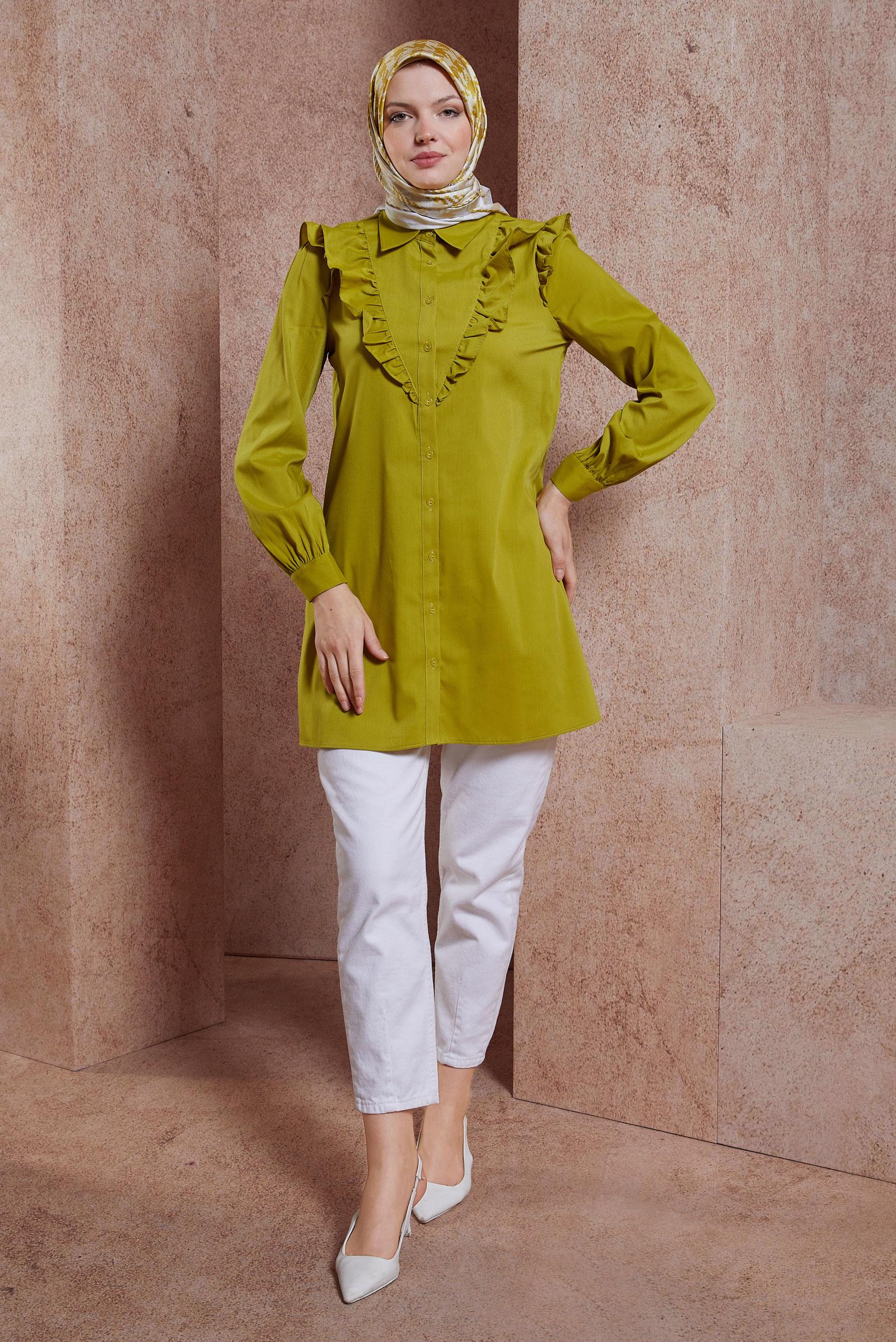 Tesettür giyim YEŞİL FIRFIR DETAYLI GÖMLEK TUNİK 44589