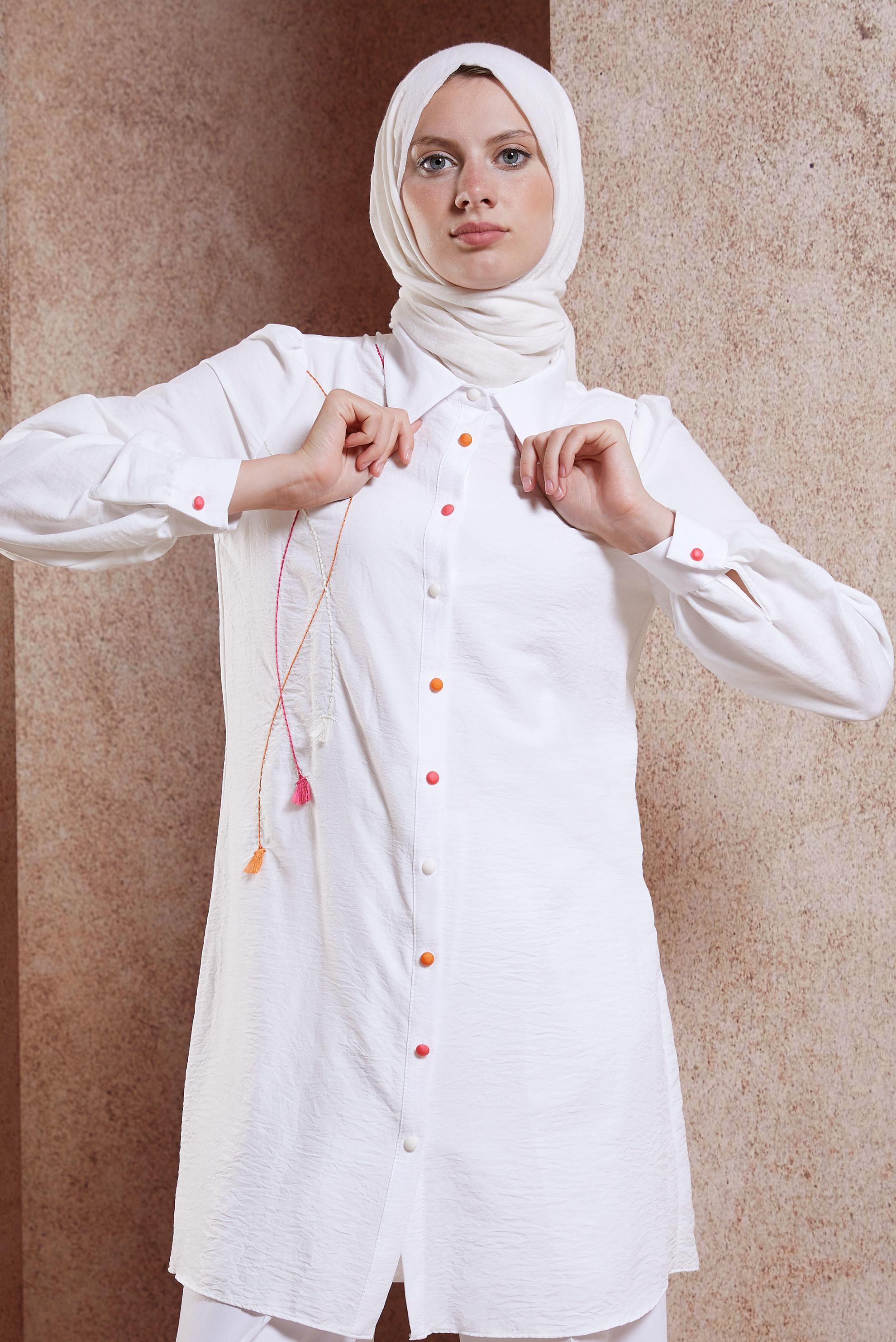 Vêtements hijab BLANC TUNIQUE MODESTE À FRANGES 44591