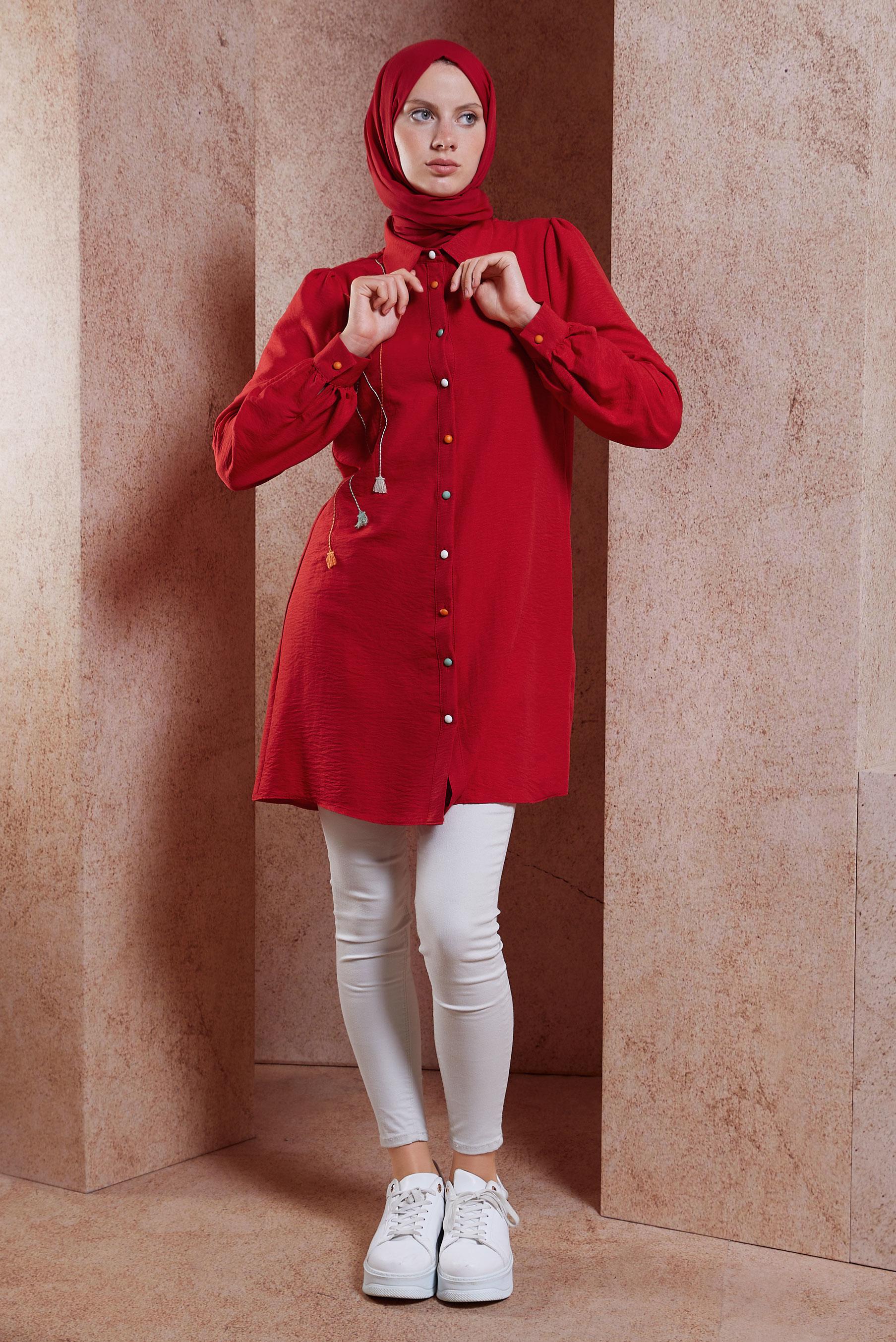 Tesettür giyim KIRMIZI PÜSKÜL DETAYLI TESETTÜR TUNİK 44591