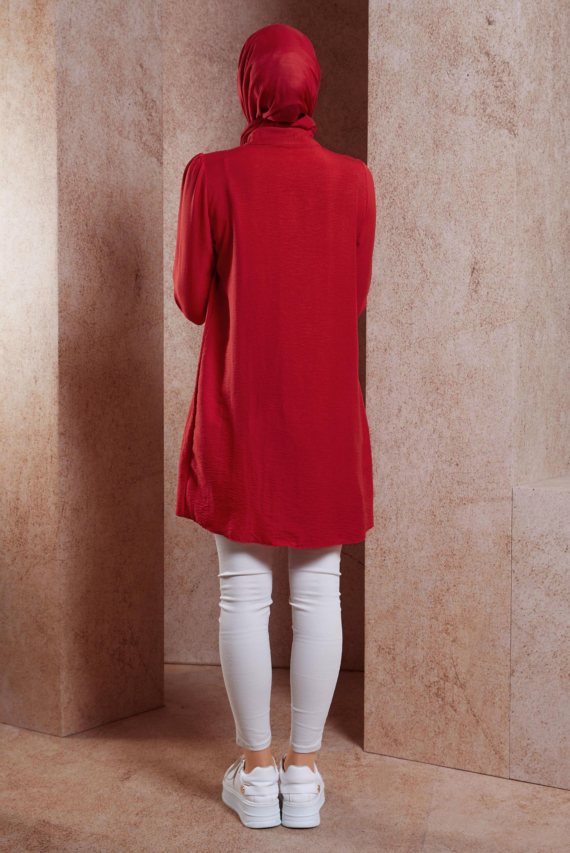 Tesettür giyim KIRMIZI PÜSKÜL DETAYLI TESETTÜR TUNİK 44591