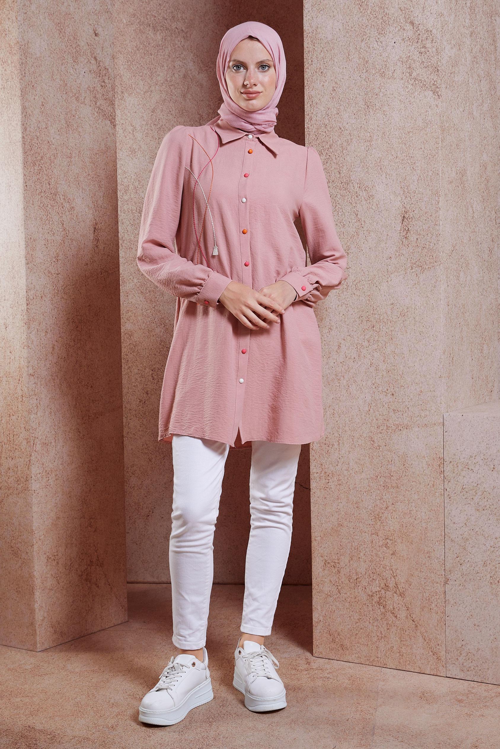 Vêtements hijab POUDRE TUNIQUE MODESTE À FRANGES 44591