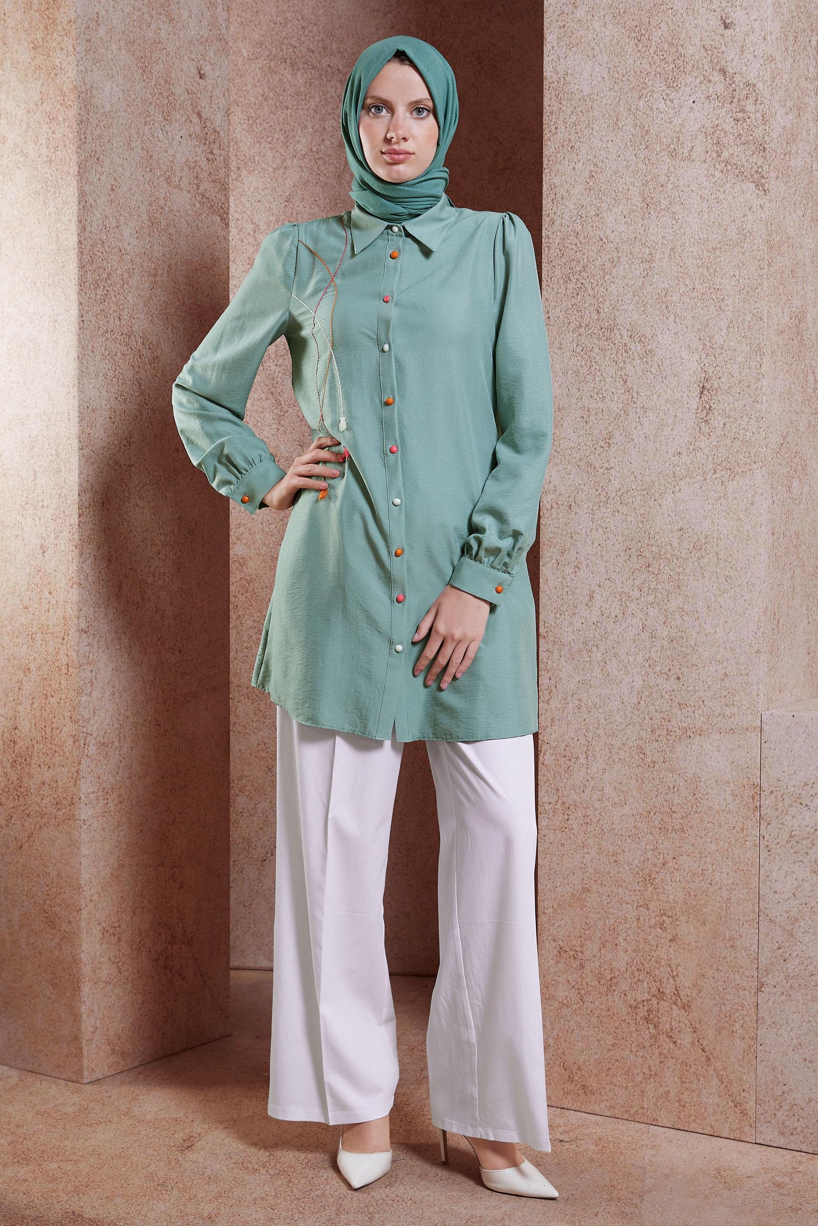 Vêtements hijab BLEU TUNIQUE MODESTE À FRANGES 44591