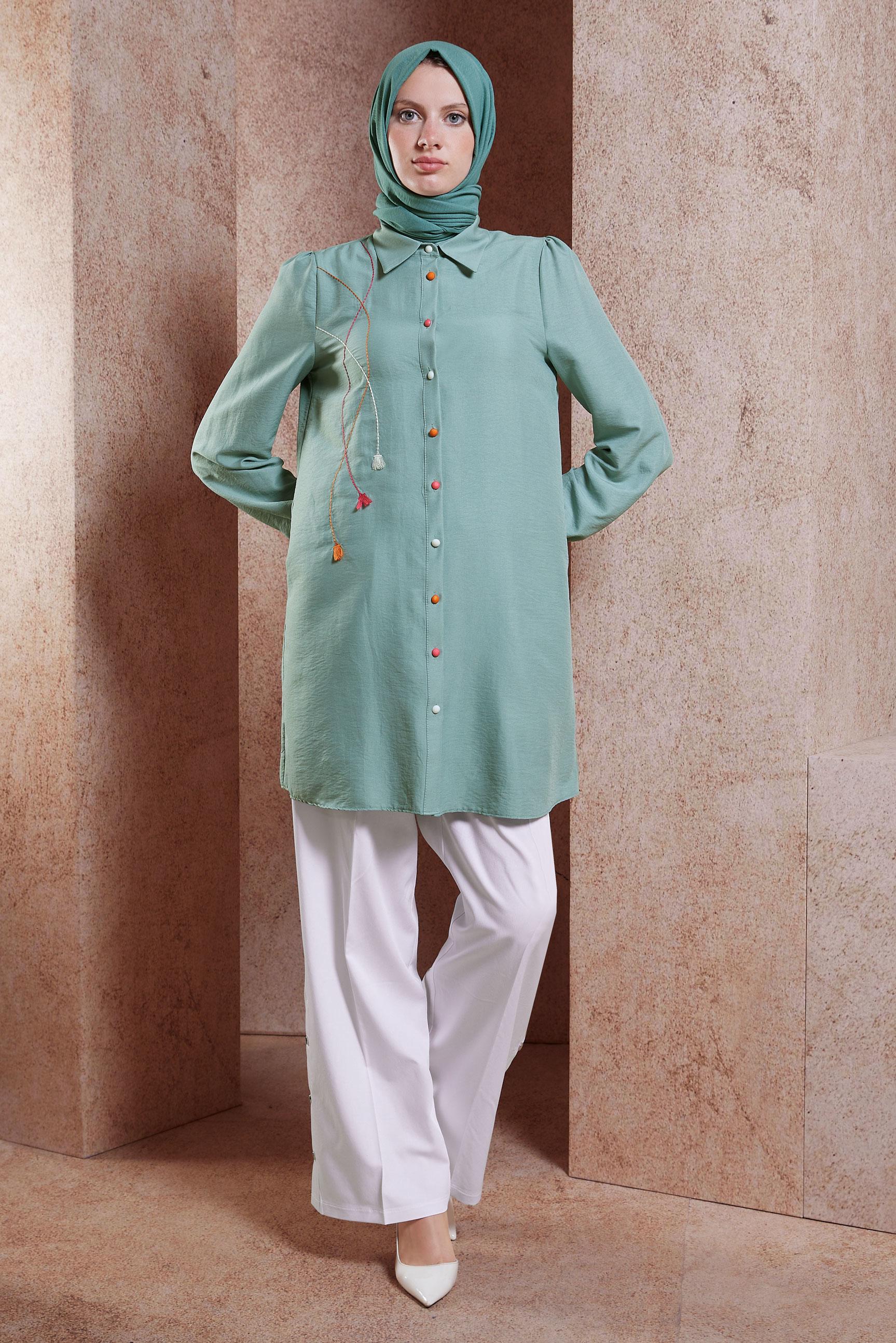 Vêtements hijab BLEU TUNIQUE MODESTE À FRANGES 44591