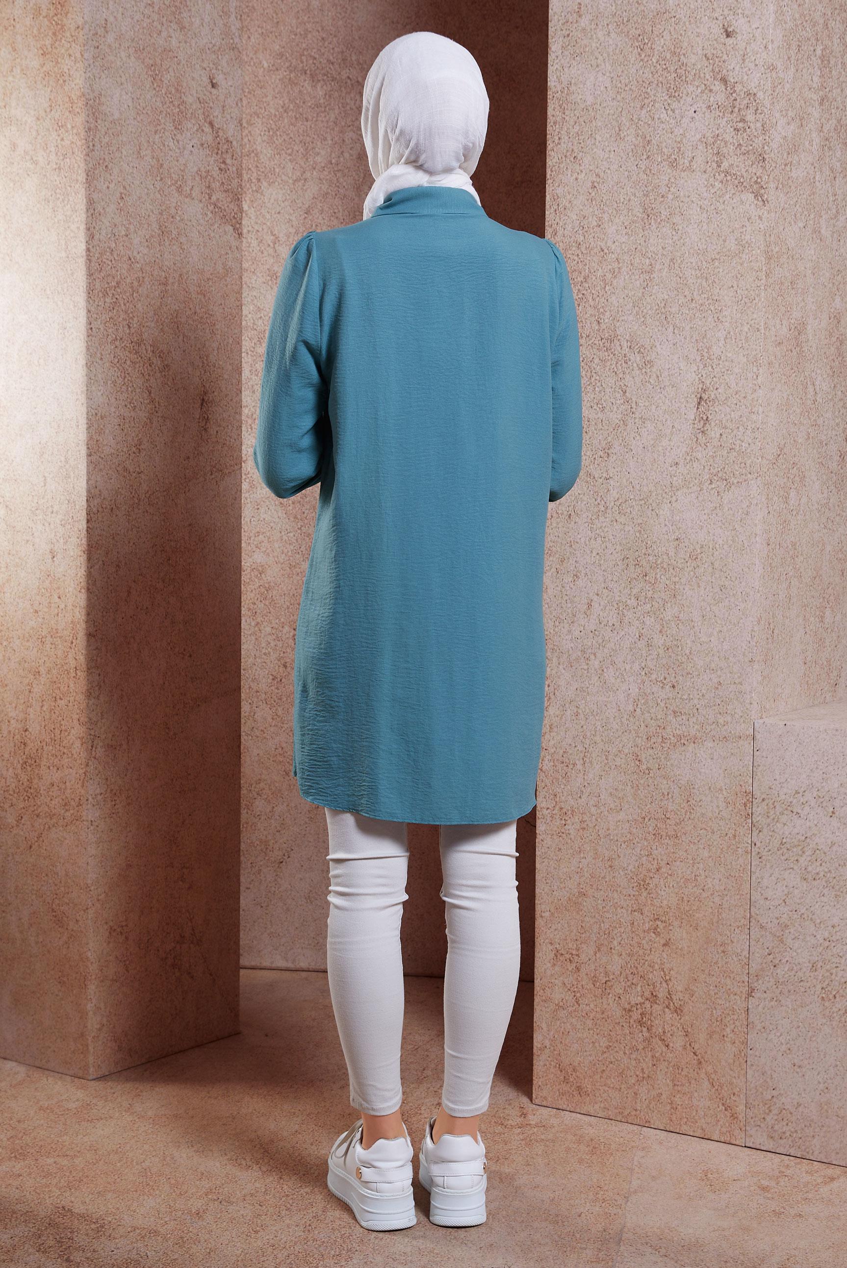 Tesettür giyim MAVİ PÜSKÜL DETAYLI TESETTÜR TUNİK 44591