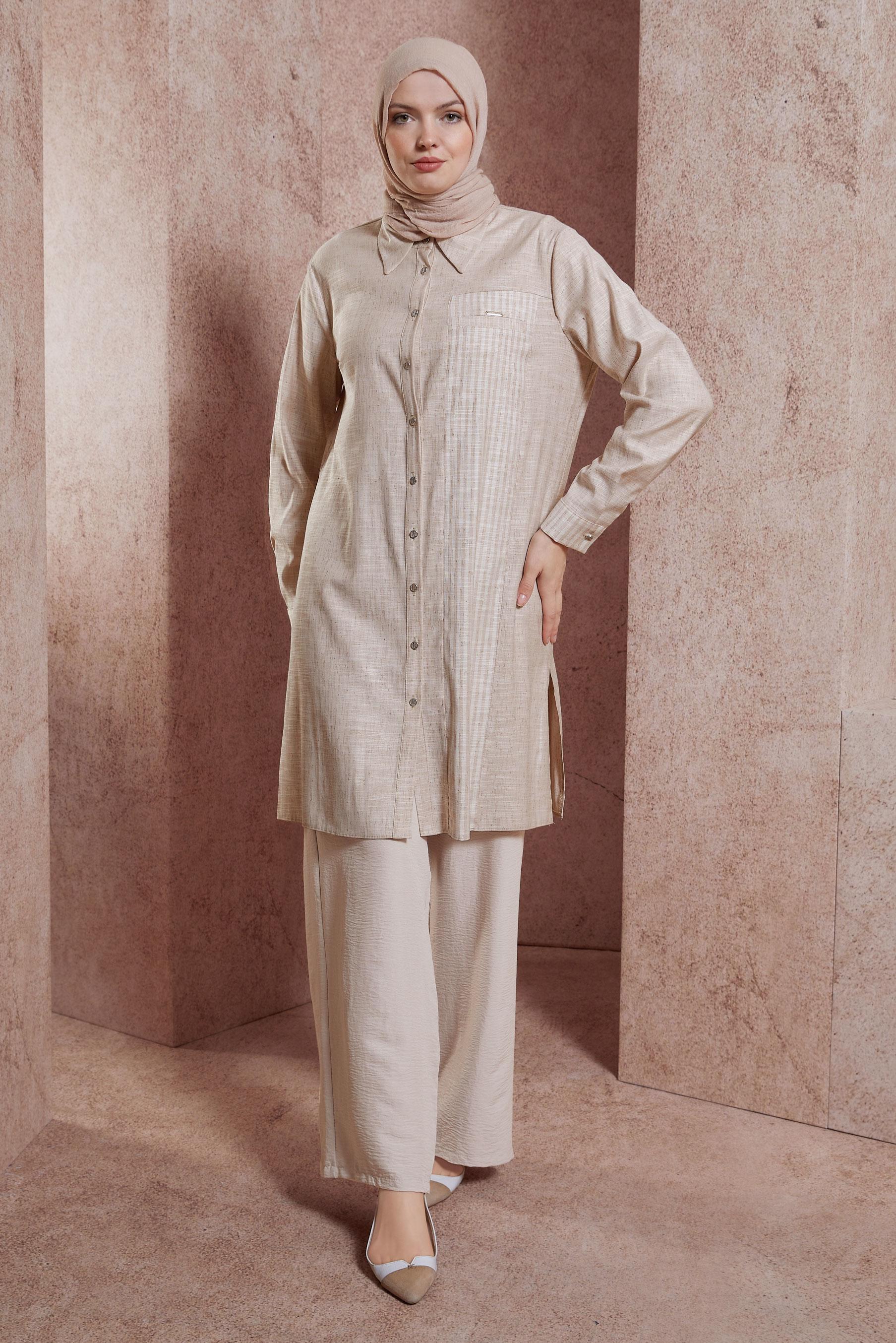 Tesettür giyim BEJ GÖMLEK YAKA TUNİK 44593