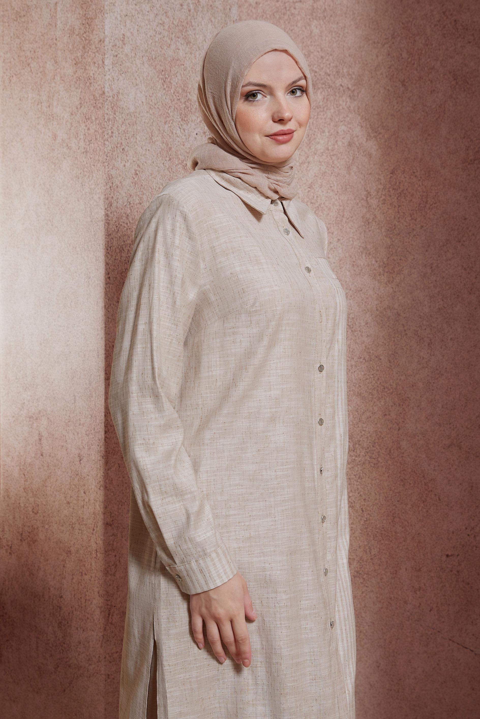 Tesettür giyim BEJ GÖMLEK YAKA TUNİK 44593