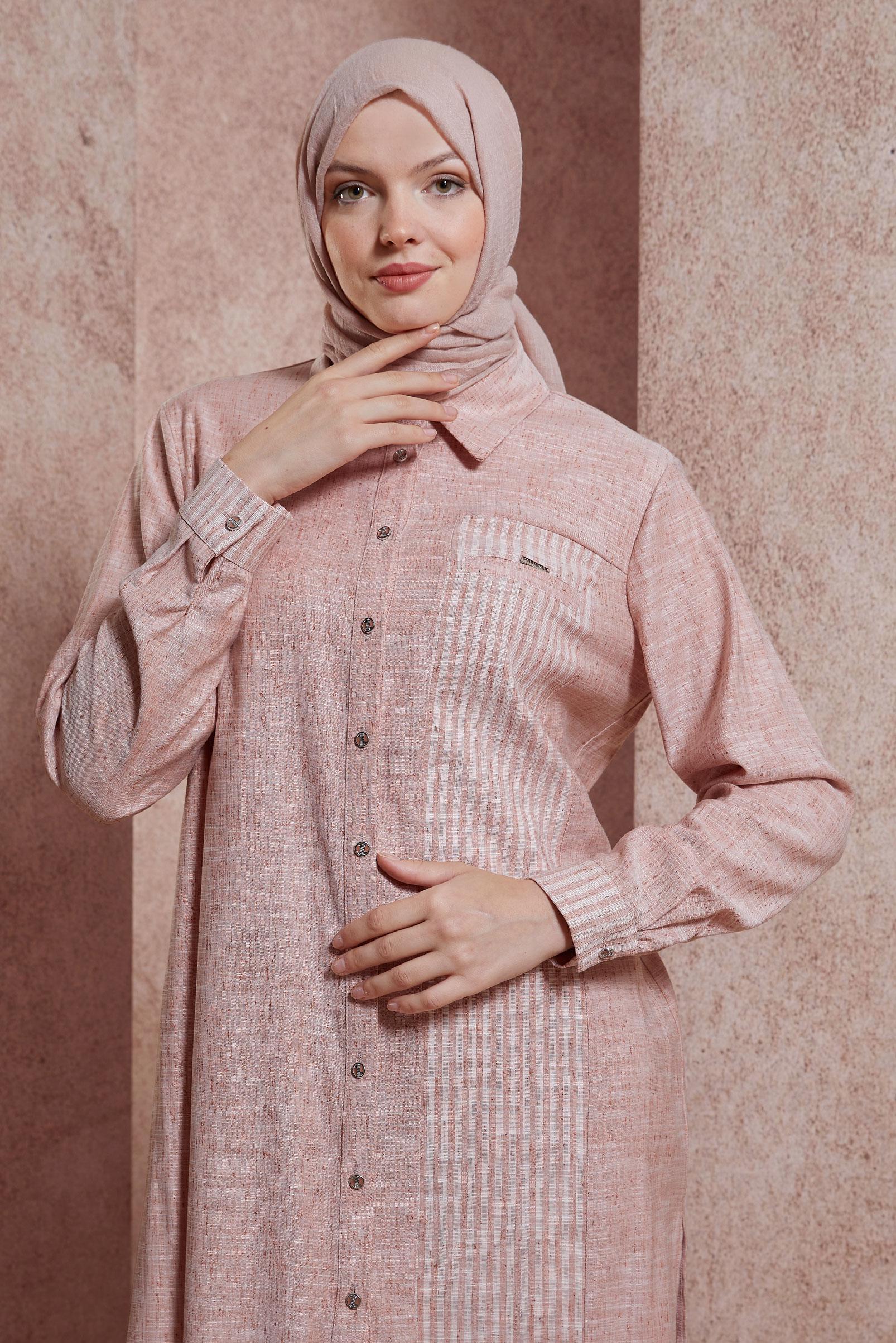 Tesettür giyim PUDRA GÖMLEK YAKA TUNİK 44593