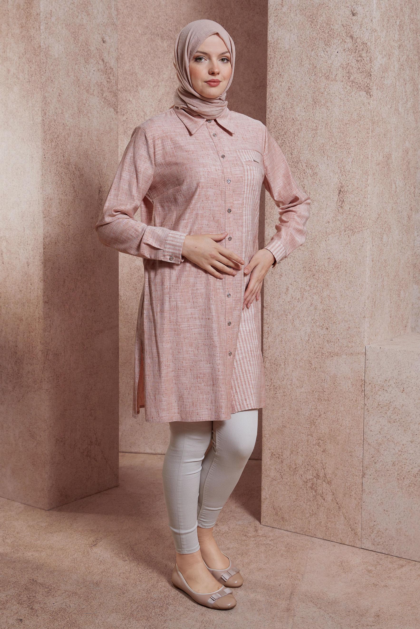 Tesettür giyim PUDRA GÖMLEK YAKA TUNİK 44593