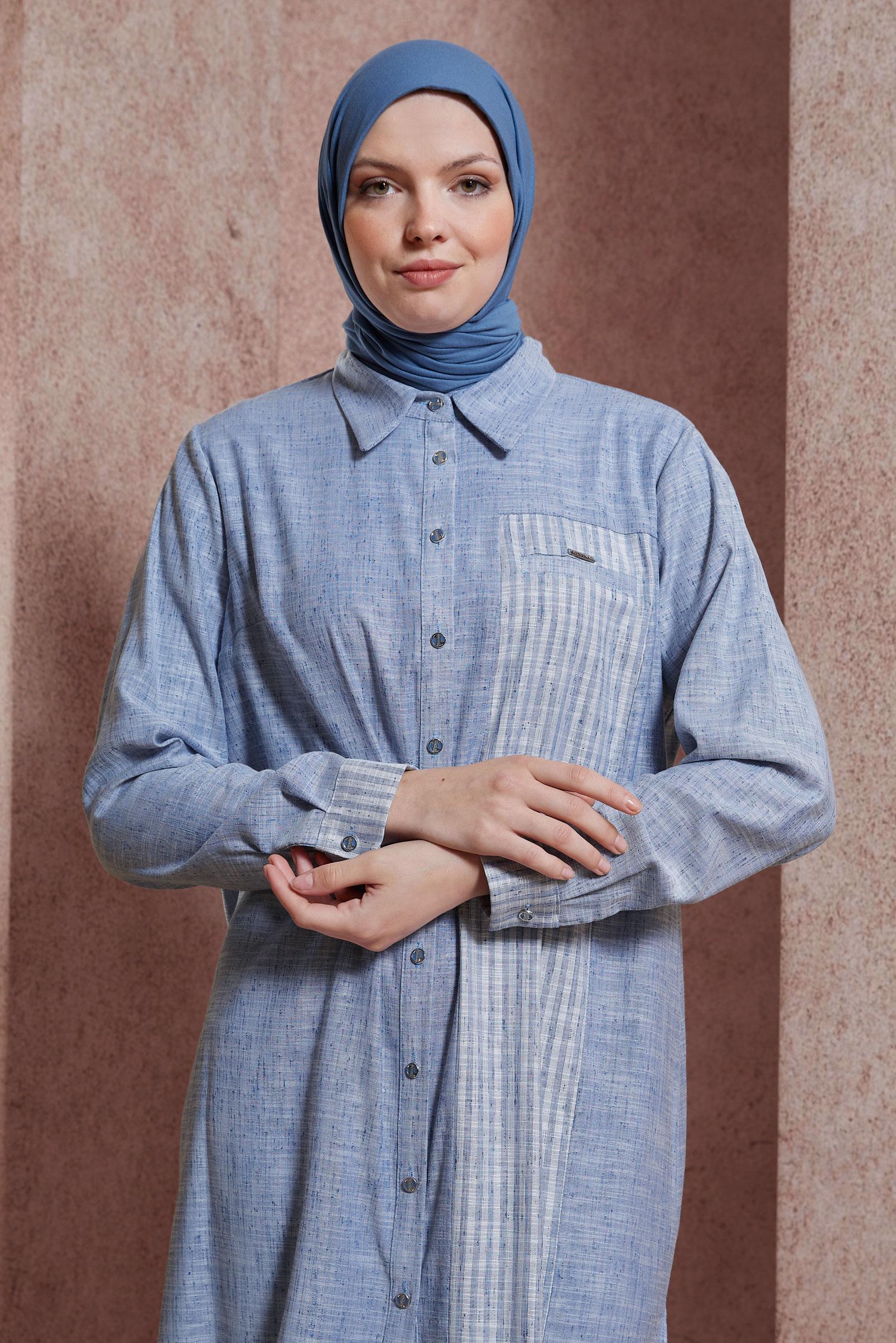 Tesettür giyim LACİVERT GÖMLEK YAKA TUNİK 44593