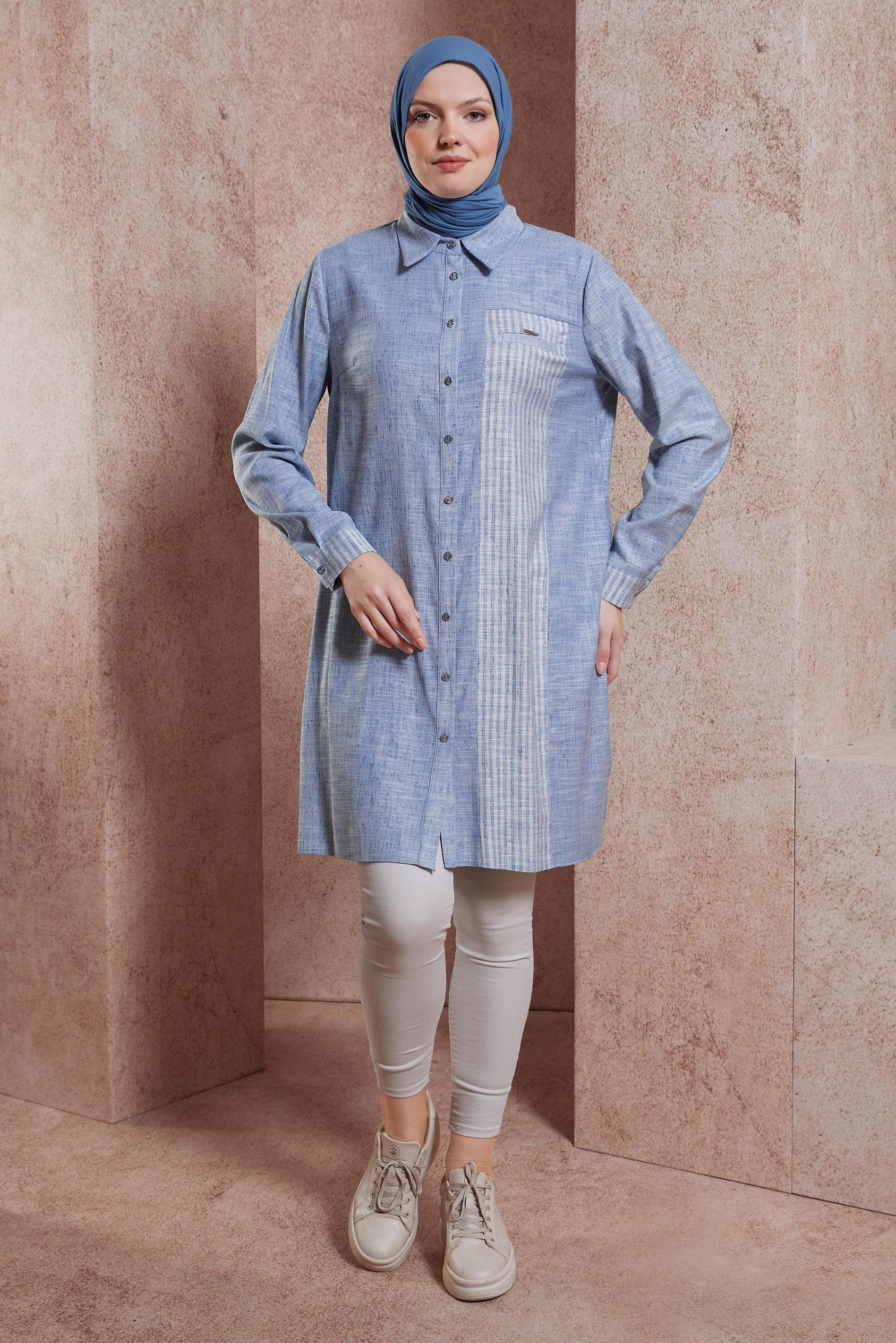 Tesettür giyim LACİVERT GÖMLEK YAKA TUNİK 44593