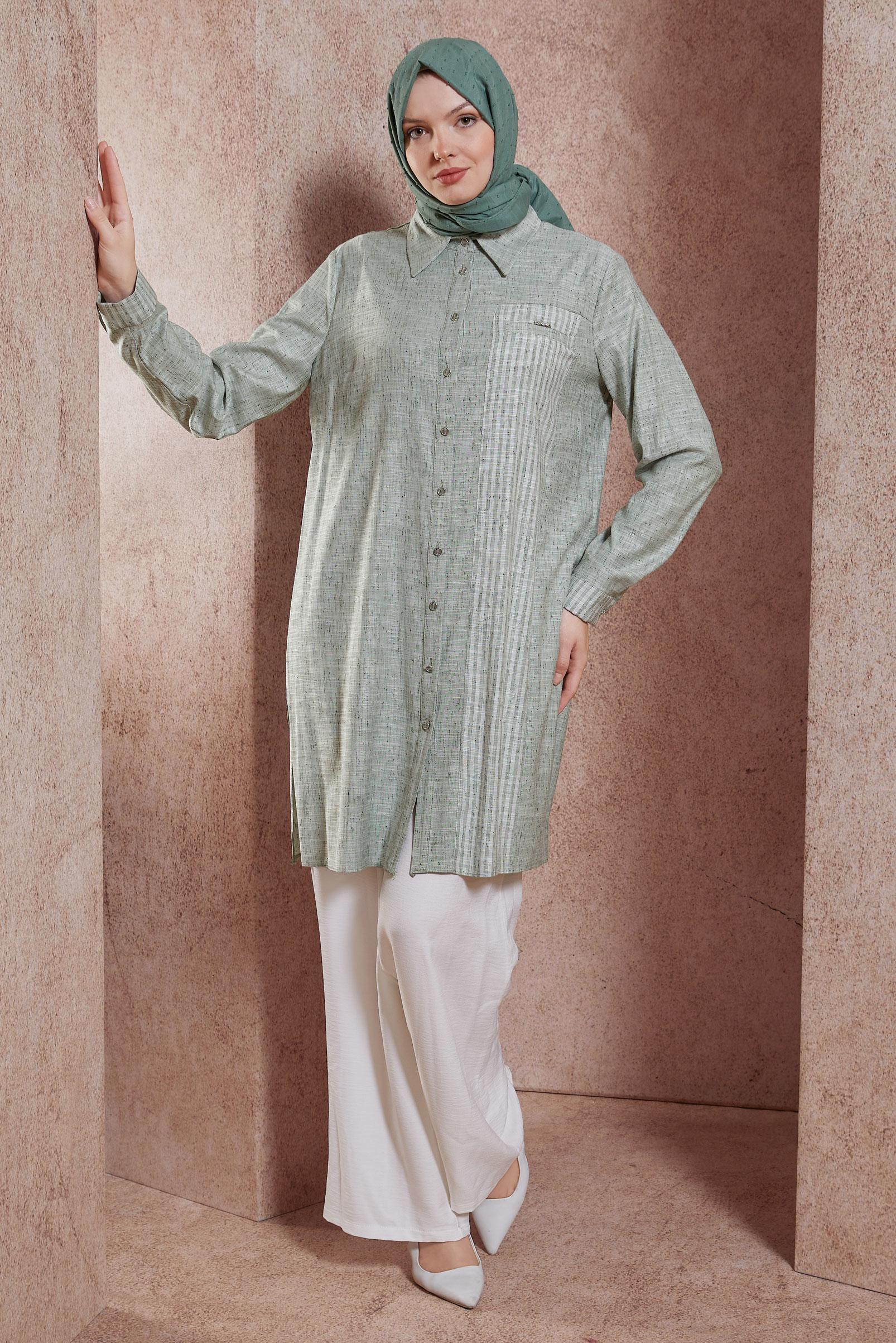 Tesettür giyim YEŞİL GÖMLEK YAKA TUNİK 44593