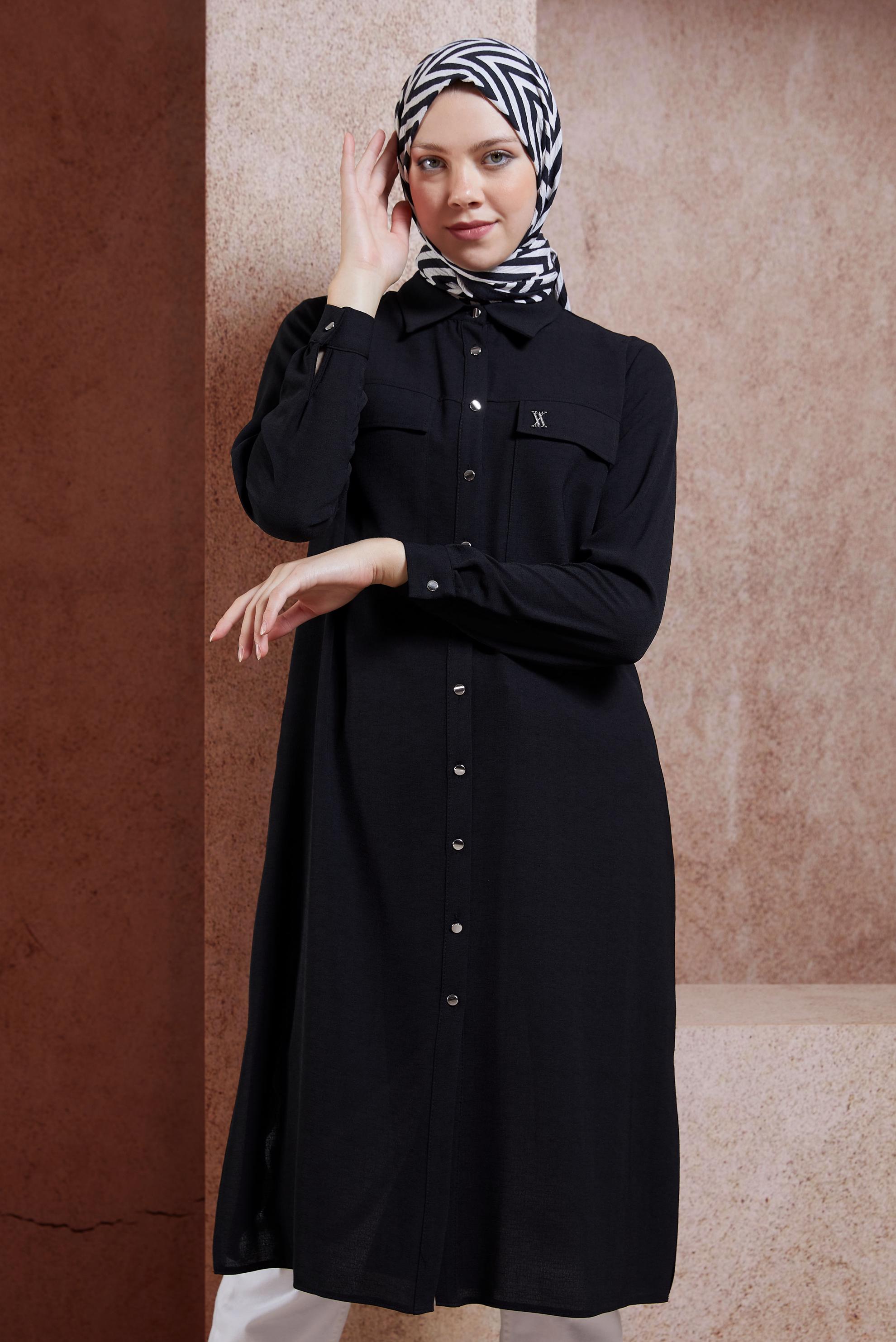 Tesettür giyim SİYAH GÖMLEK YAKA TESETTÜR TUNİK 44594
