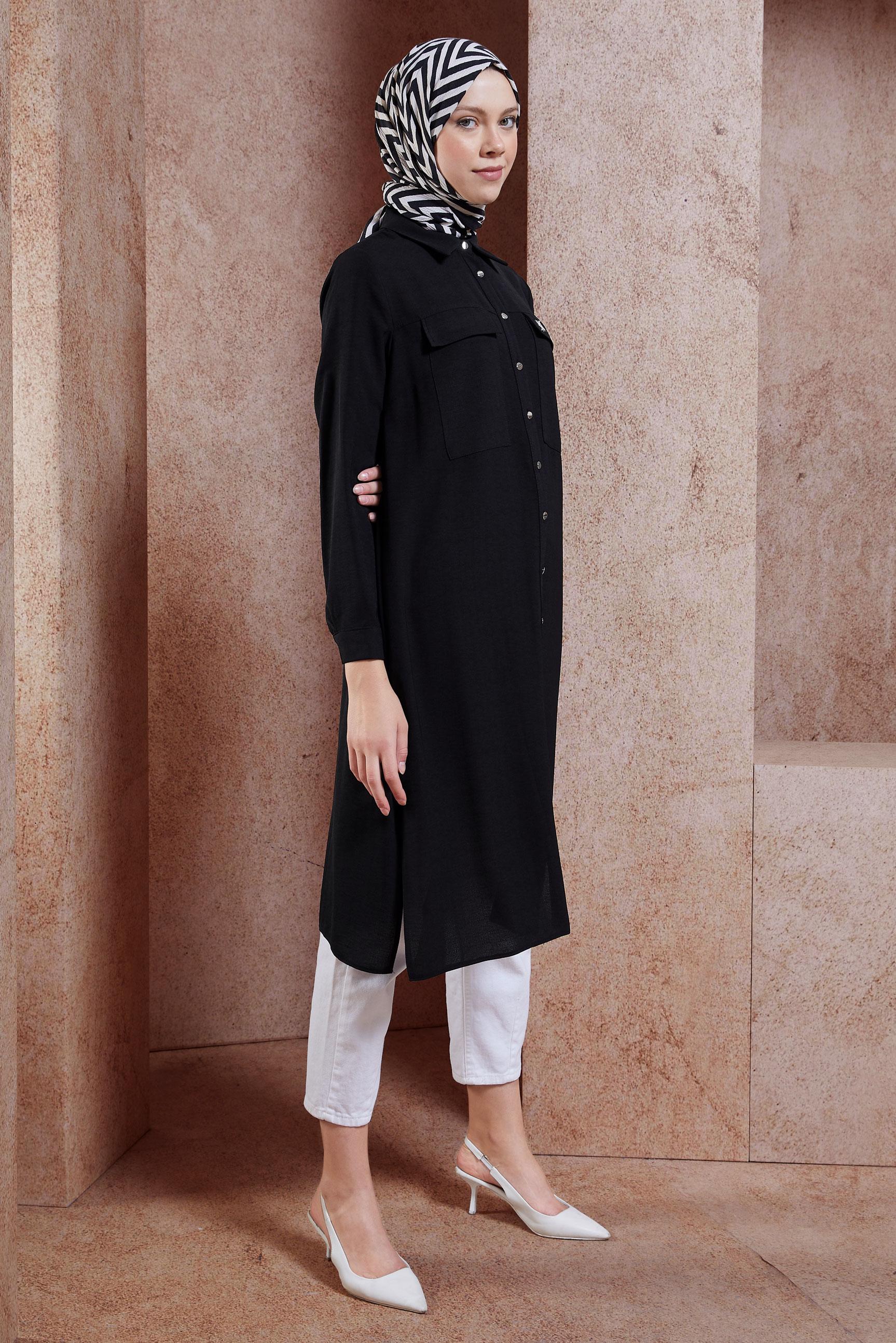 Tesettür giyim SİYAH GÖMLEK YAKA TESETTÜR TUNİK 44594