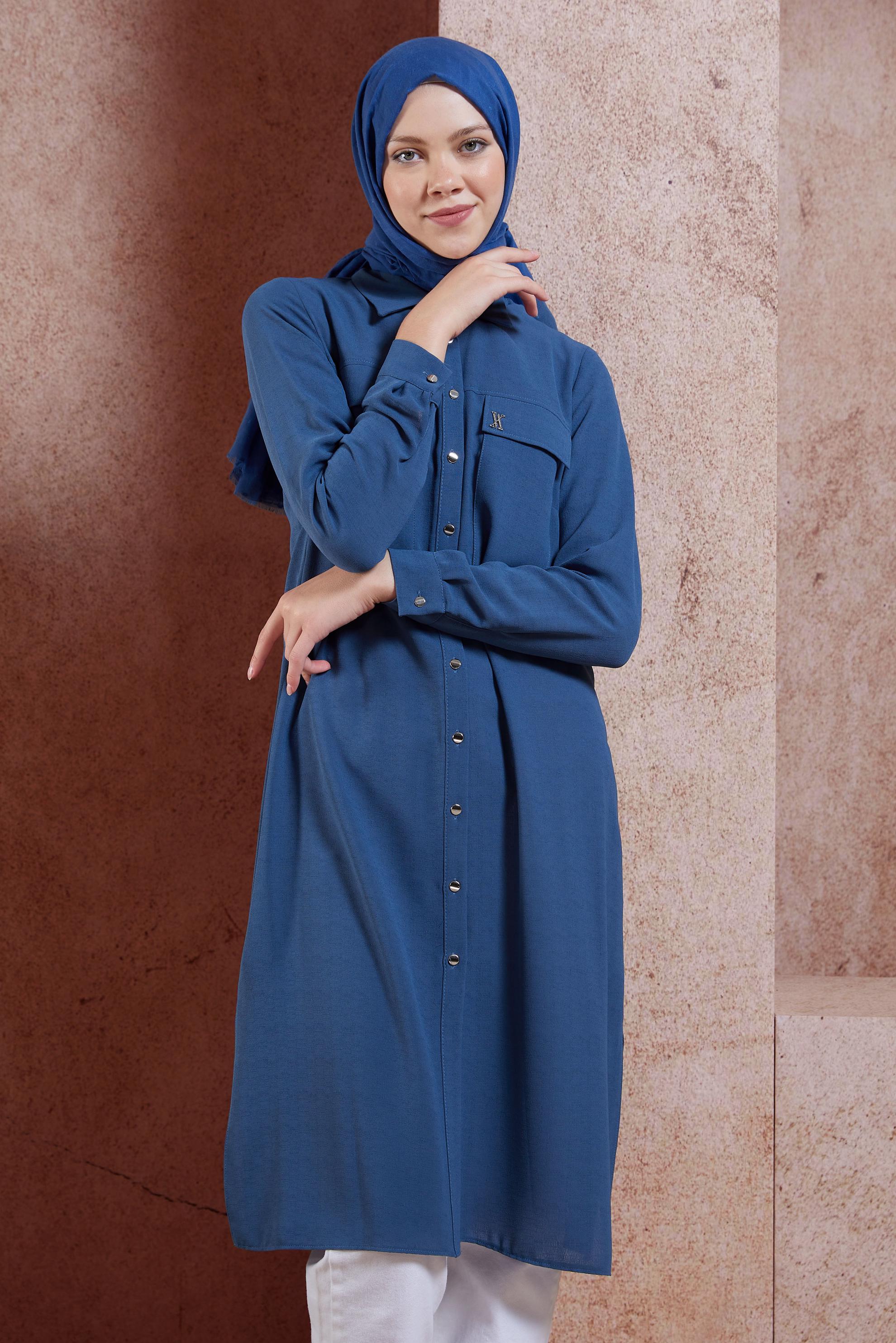 Tesettür giyim LACİVERT GÖMLEK YAKA TESETTÜR TUNİK 44594