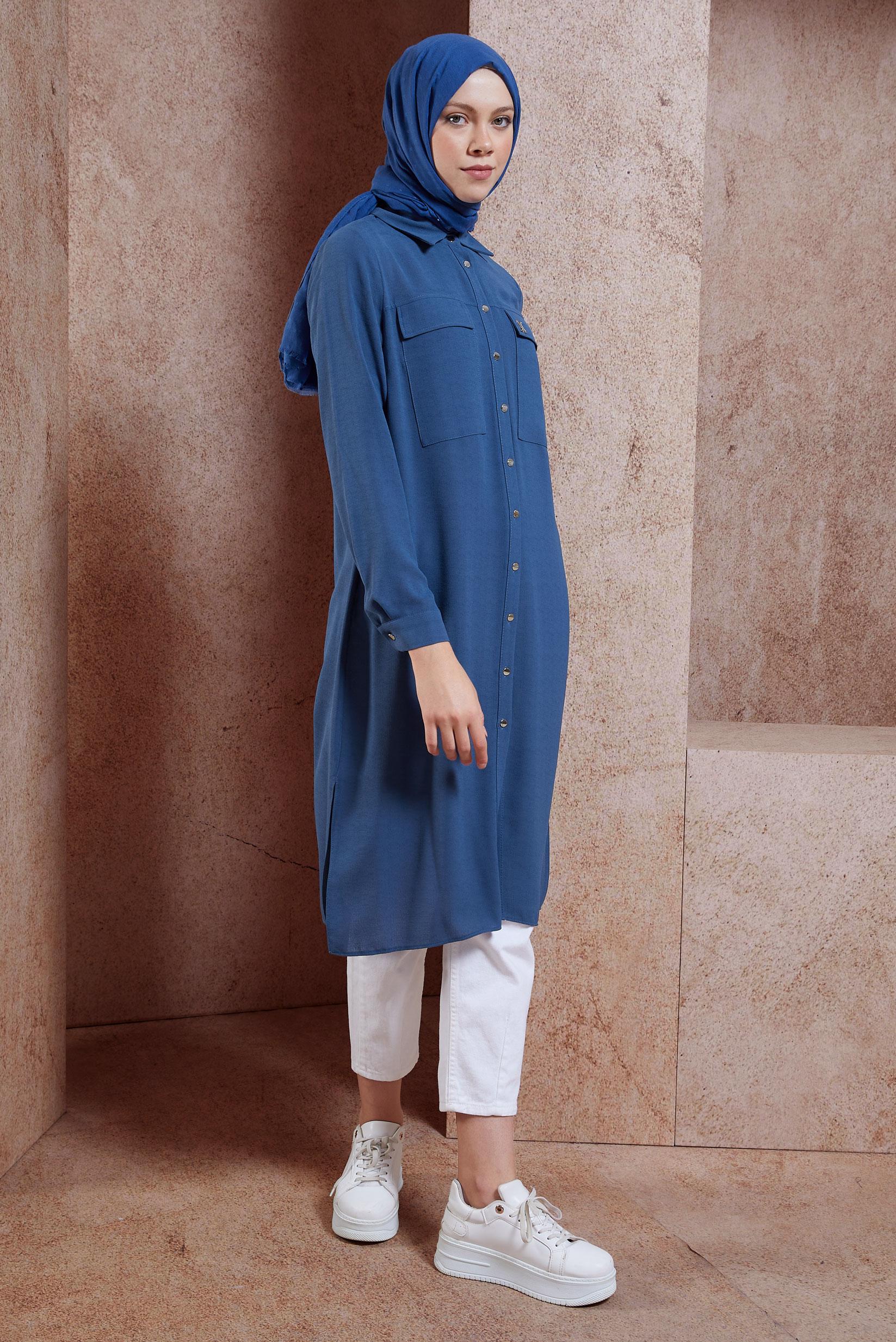 Tesettür giyim LACİVERT GÖMLEK YAKA TESETTÜR TUNİK 44594