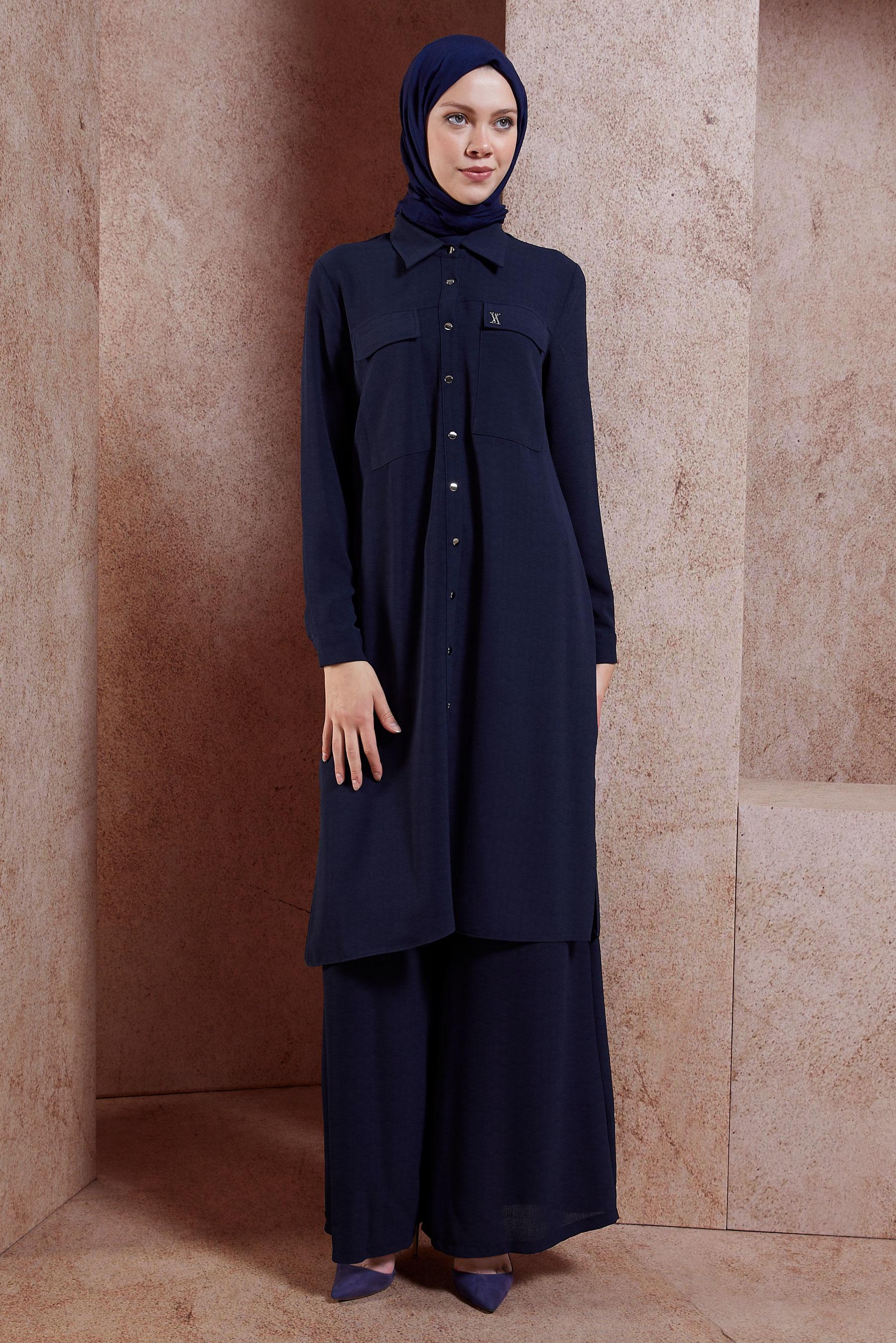Tesettür giyim LACİVERT GÖMLEK YAKA TESETTÜR TUNİK 44594