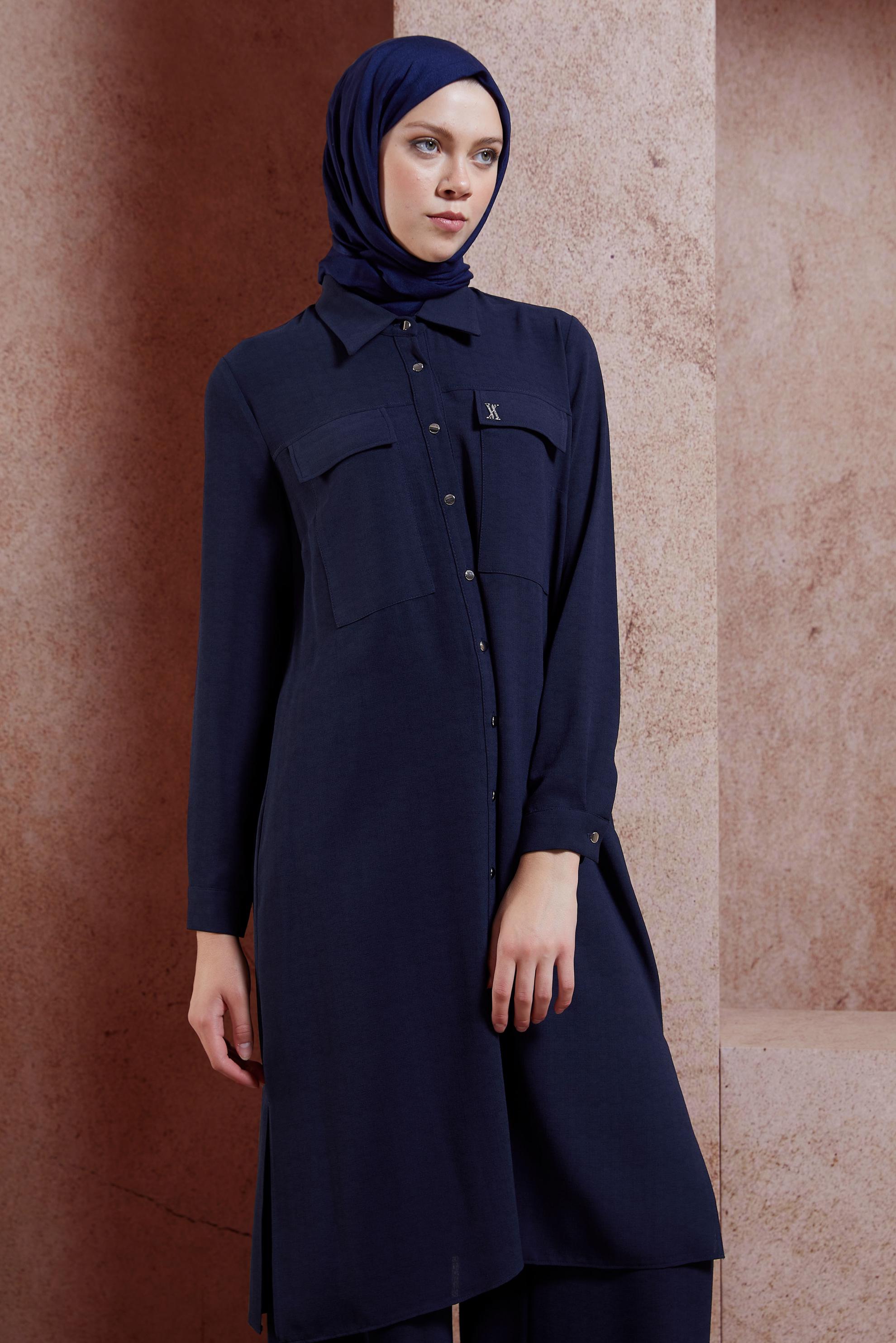Tesettür giyim LACİVERT GÖMLEK YAKA TESETTÜR TUNİK 44594