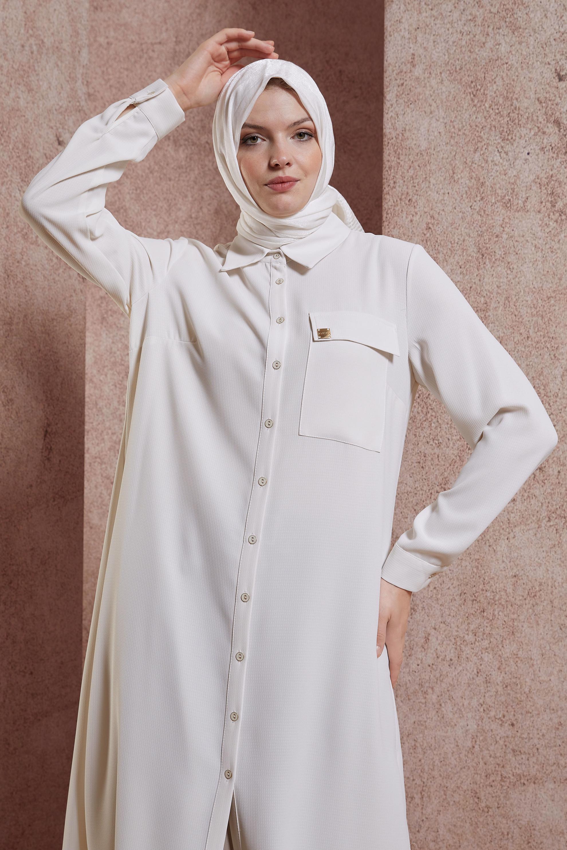 Tesettür giyim BEYAZ GÖMLEK YAKA UZUN TUNİK 44597