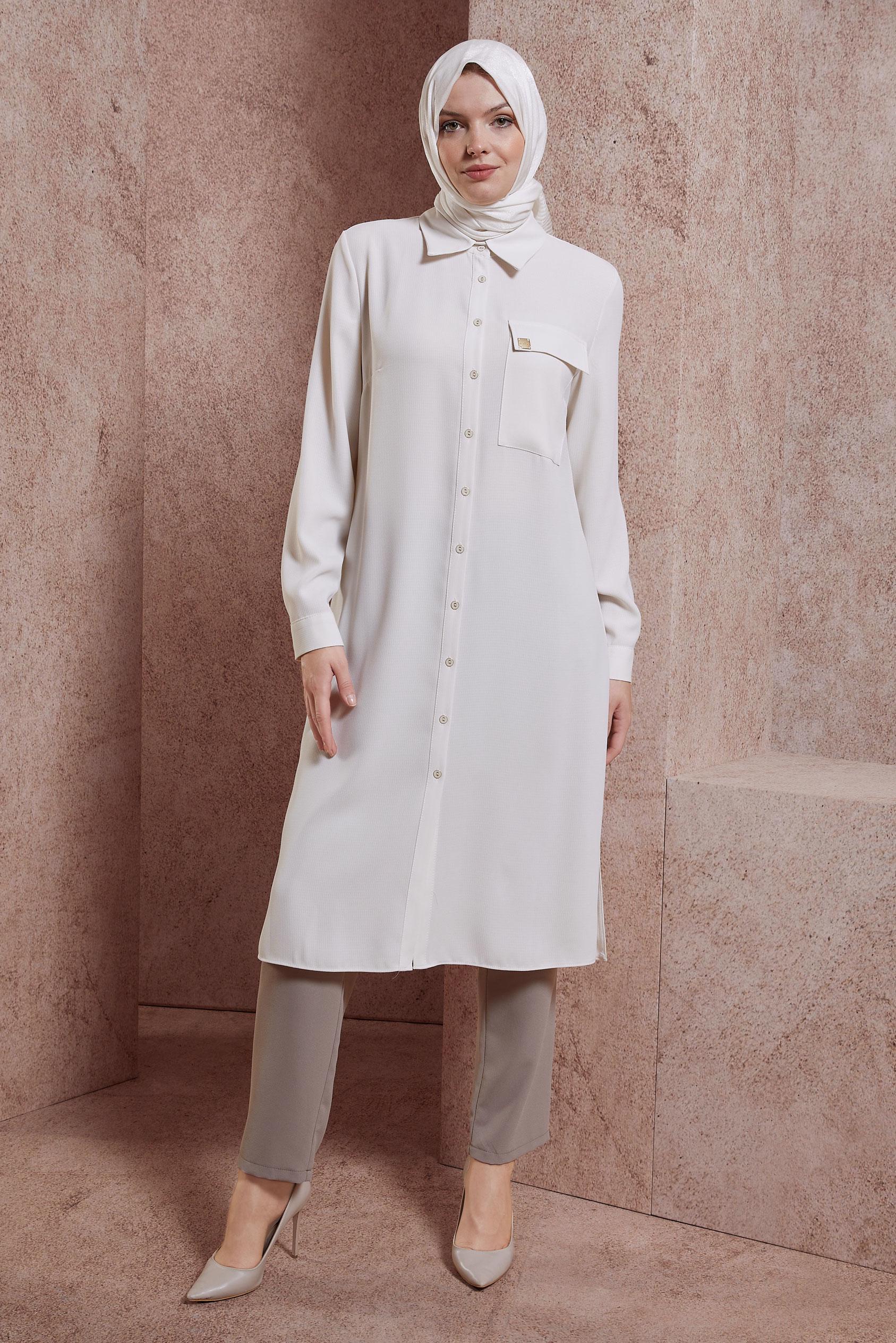 Tesettür giyim BEYAZ GÖMLEK YAKA UZUN TUNİK 44597