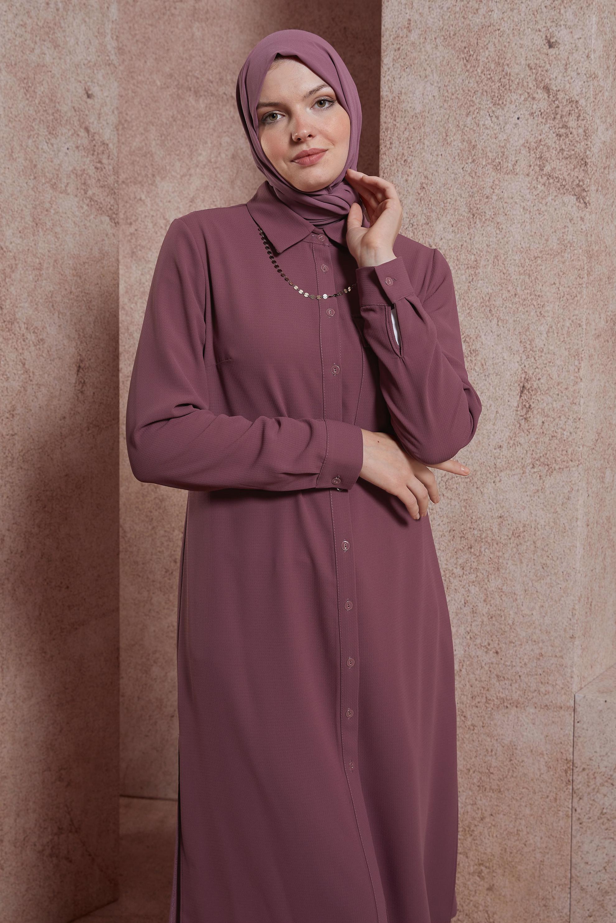 Tesettür giyim PEMBE GÖMLEK YAKA UZUN TUNİK 44597