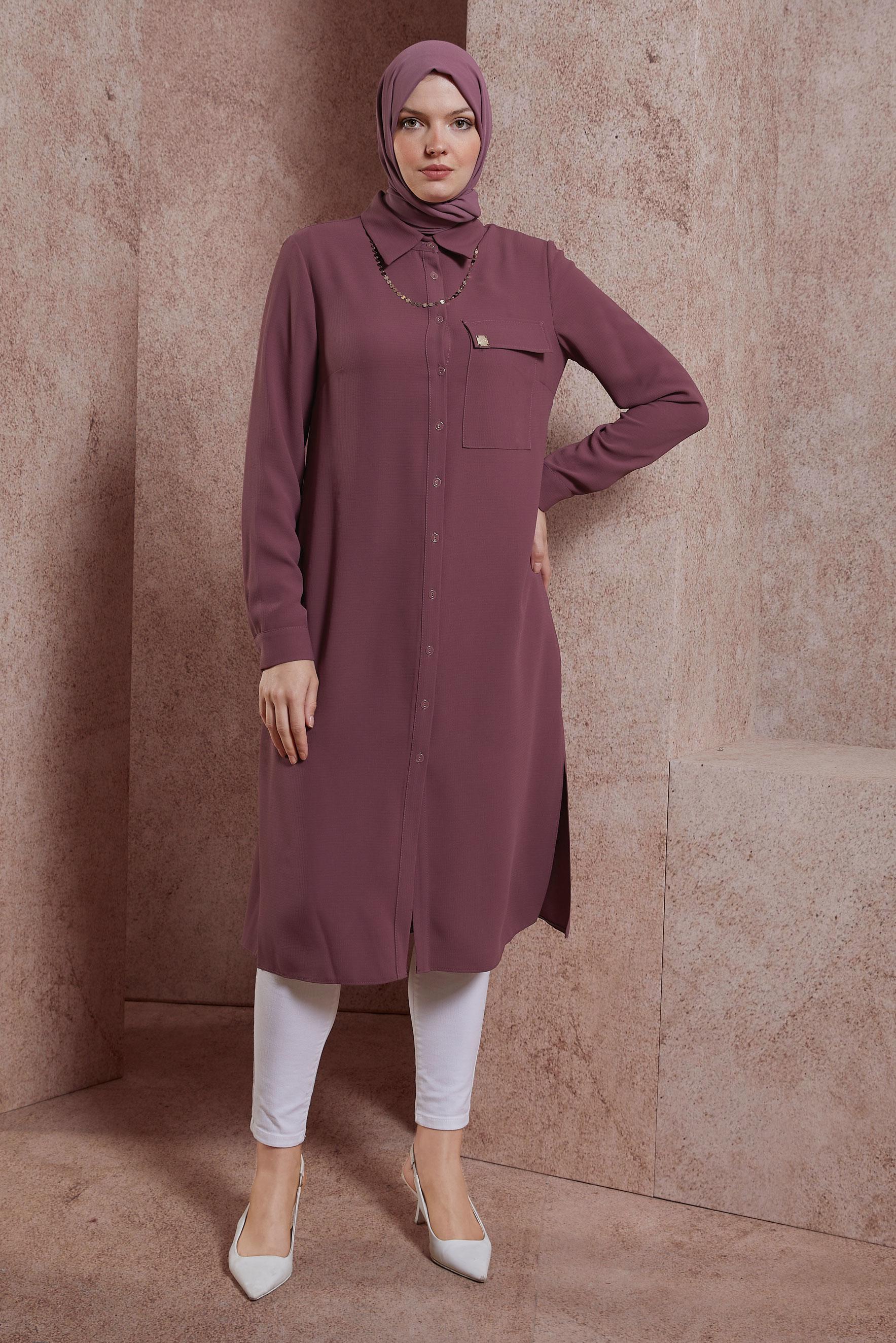 Tesettür giyim PEMBE GÖMLEK YAKA UZUN TUNİK 44597