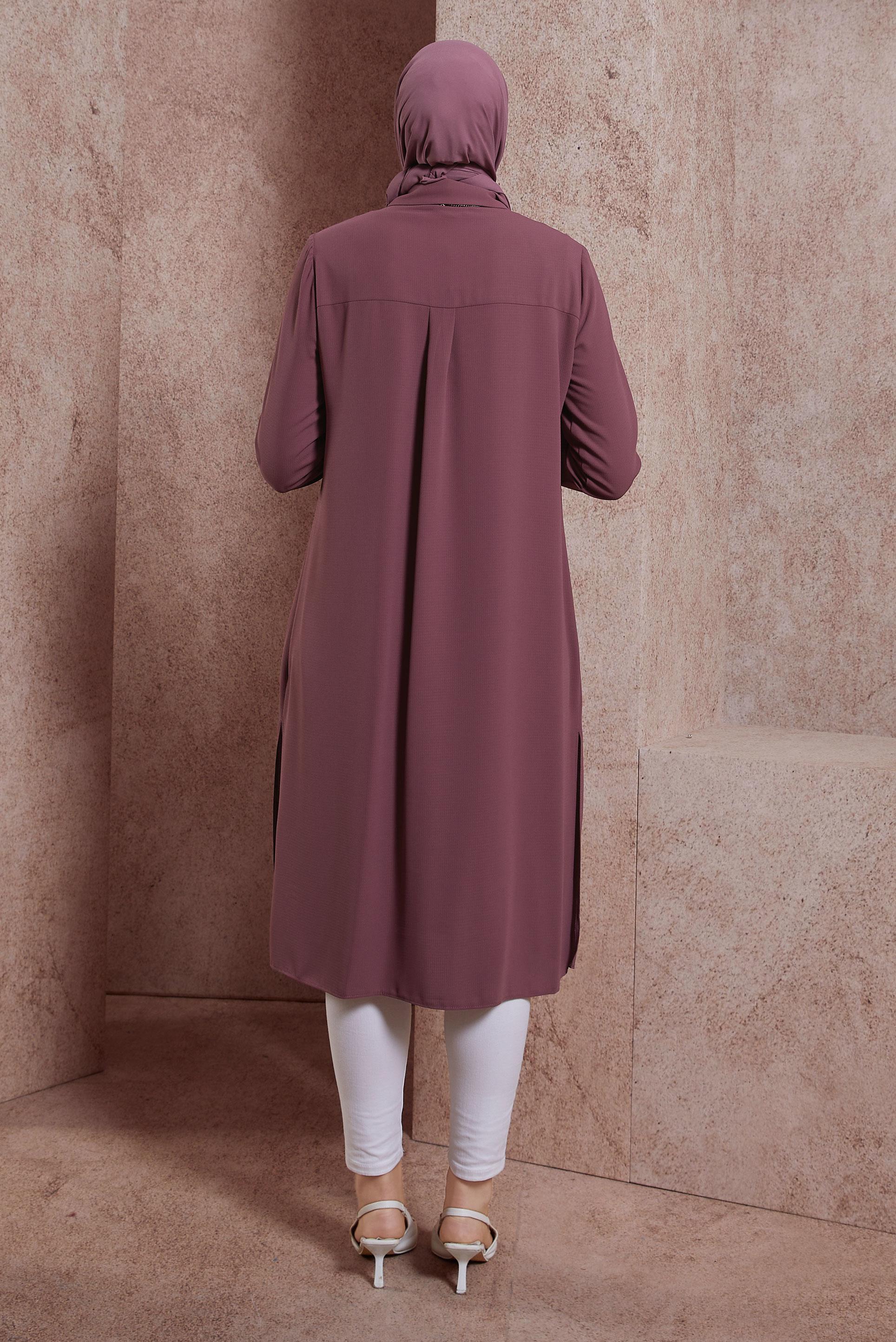 Tesettür giyim PEMBE GÖMLEK YAKA UZUN TUNİK 44597