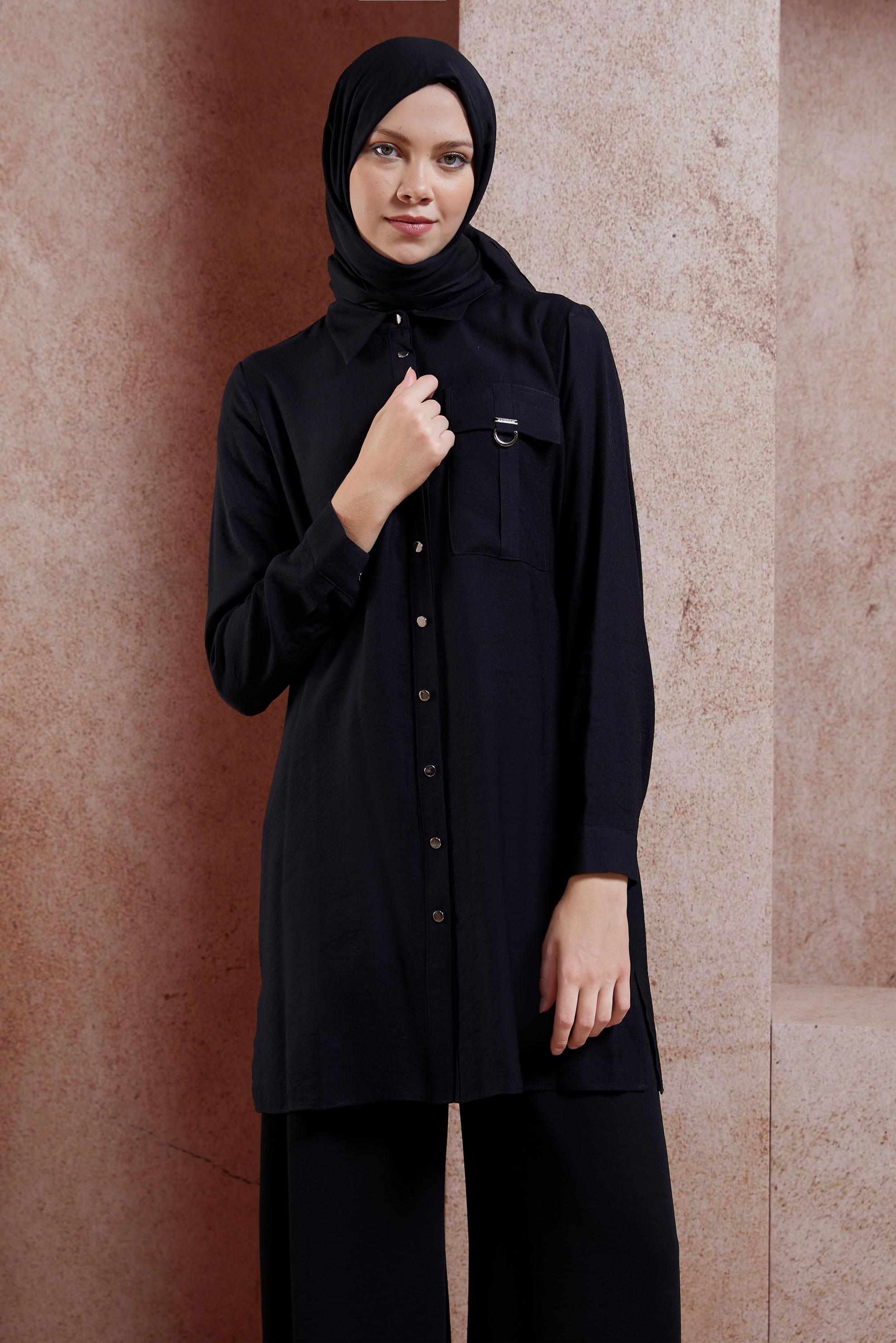 Tesettür giyim SİYAH GÖMLEK YAKA TESETTÜR TUNİK 44598