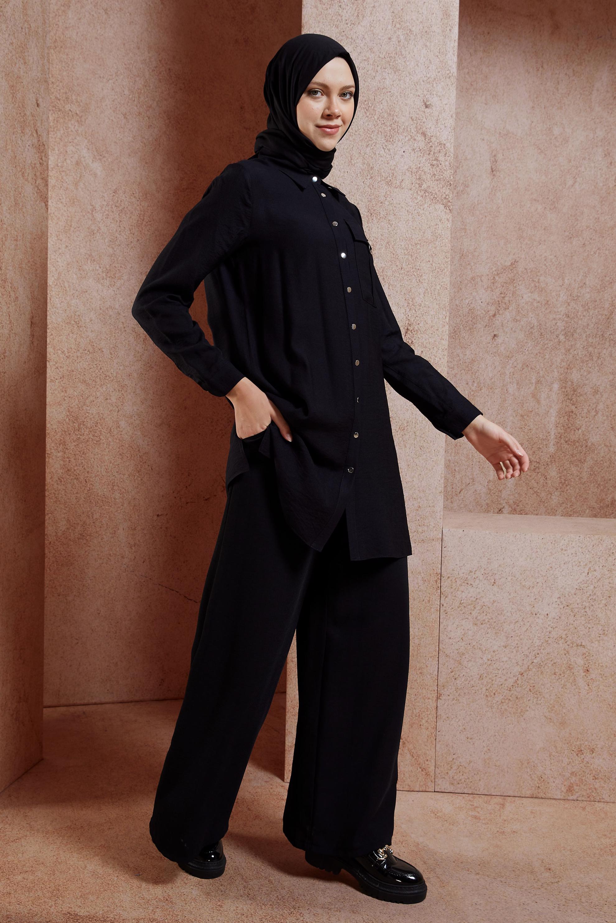 Tesettür giyim SİYAH GÖMLEK YAKA TESETTÜR TUNİK 44598