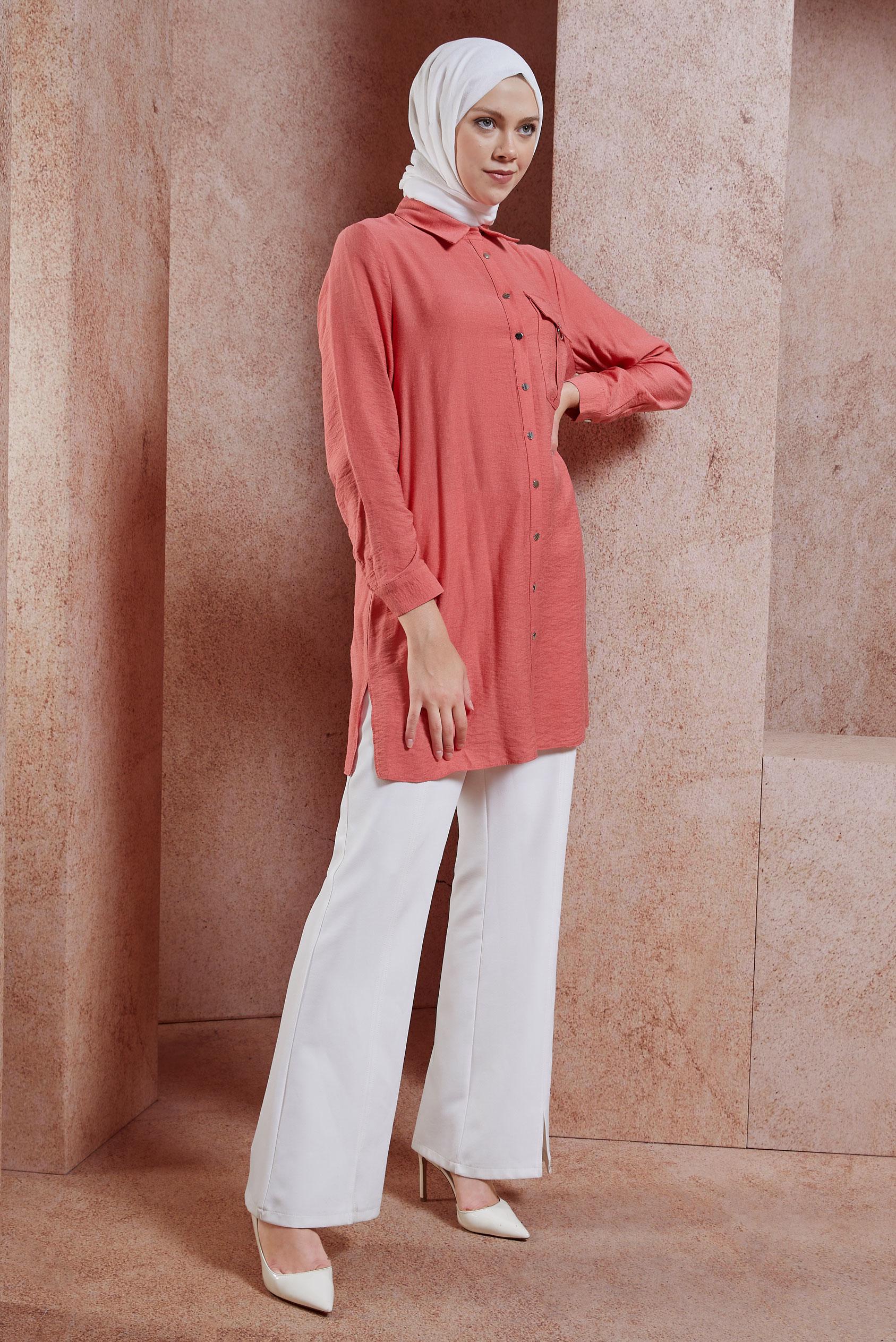 Tesettür giyim MERCAN GÖMLEK YAKA TESETTÜR TUNİK 44598