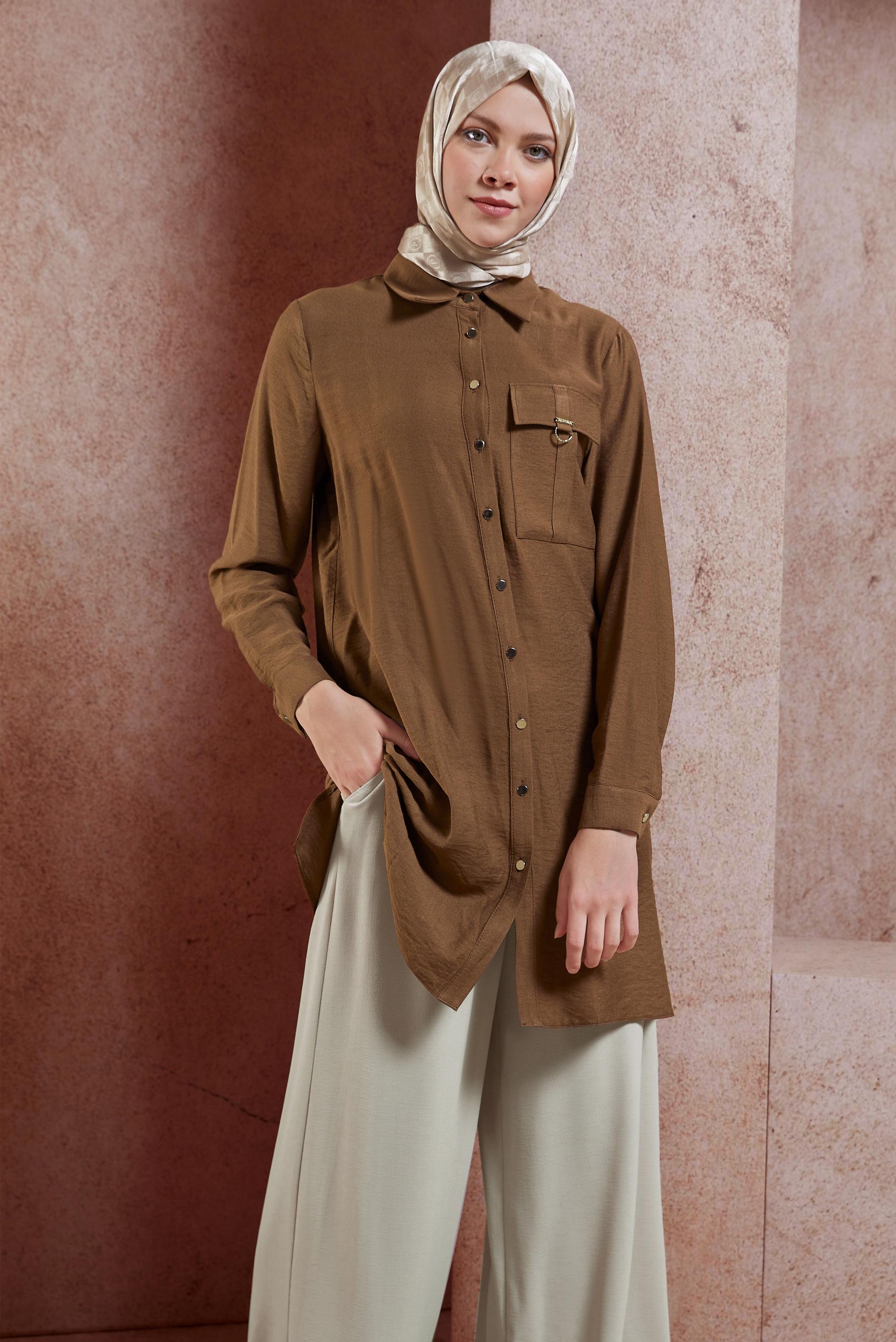 Tesettür giyim KAHVE GÖMLEK YAKA TESETTÜR TUNİK 44598