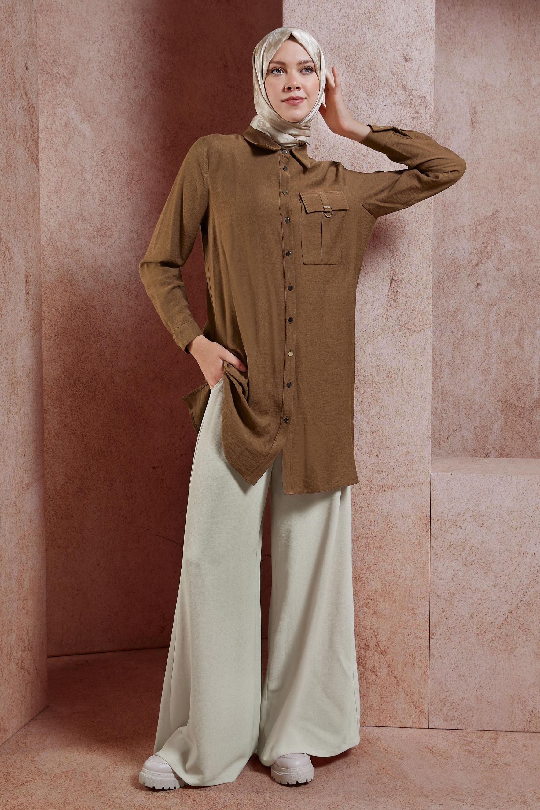Tesettür giyim KAHVE GÖMLEK YAKA TESETTÜR TUNİK 44598