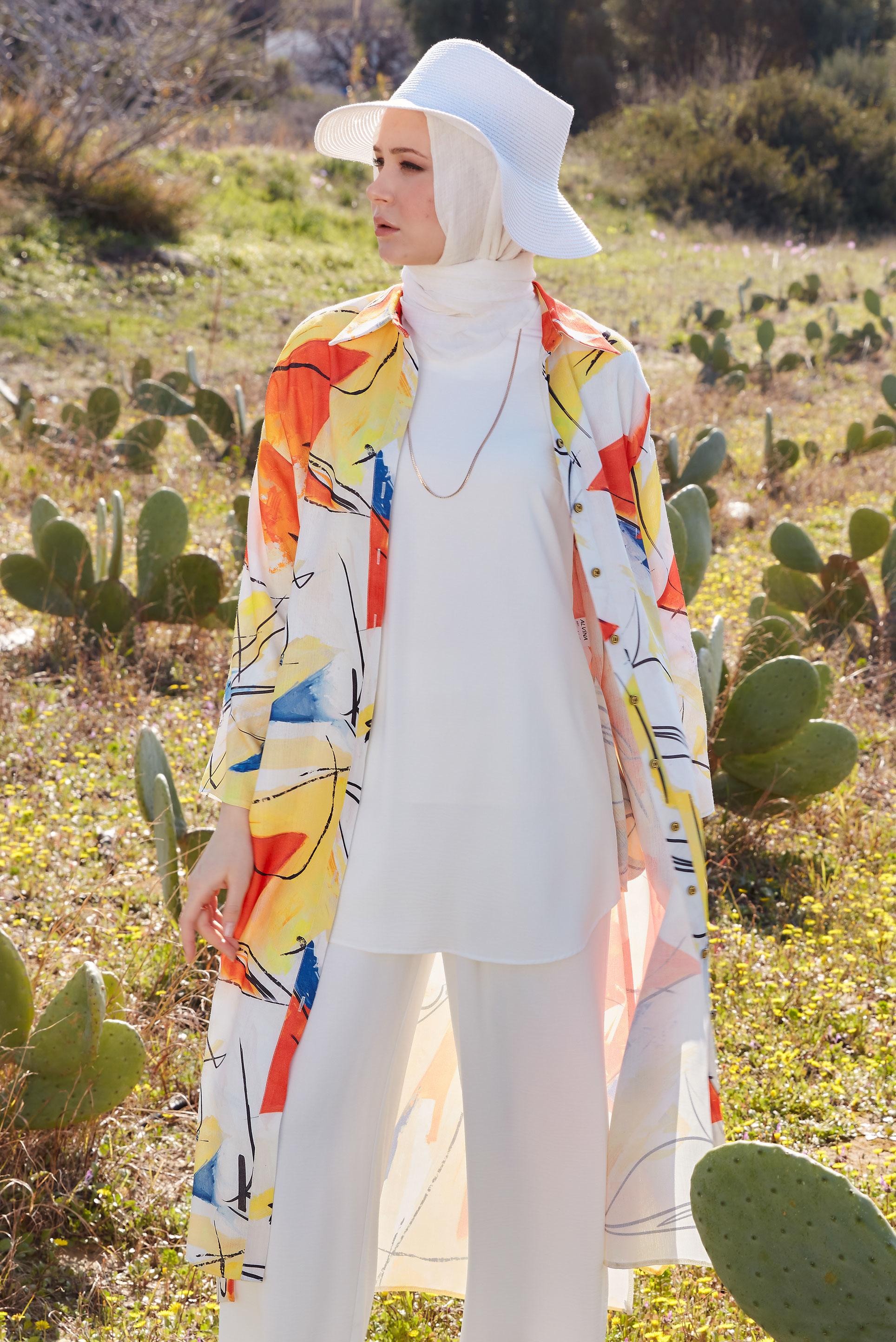 Tesettür giyim KIRMIZI DESENLİ UZUN TUNİK 44609