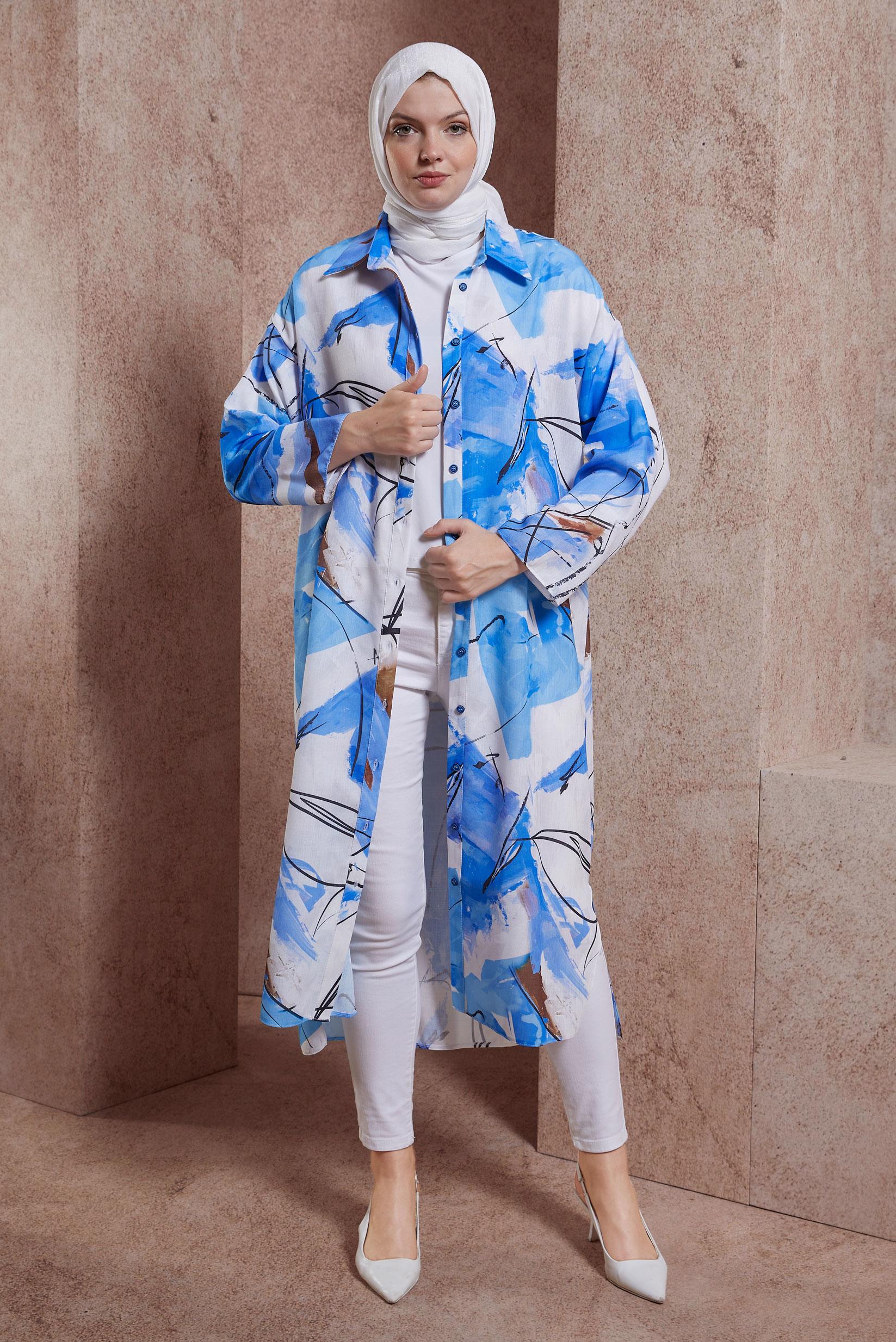 Tesettür giyim MAVİ DESENLİ UZUN TUNİK 44609