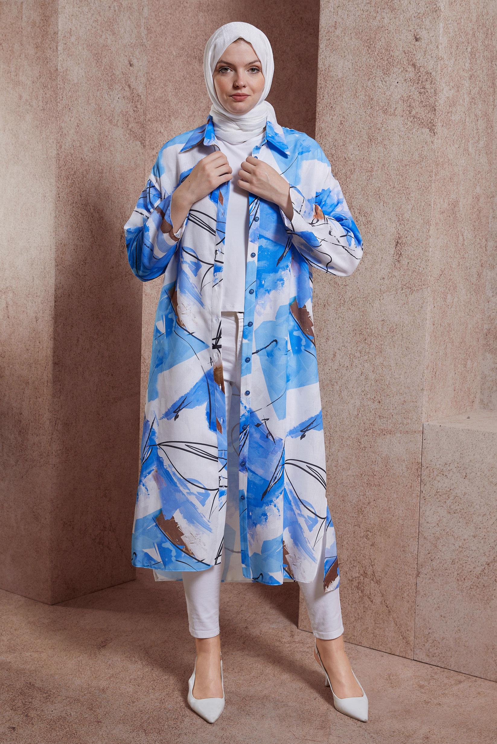 Tesettür giyim MAVİ DESENLİ UZUN TUNİK 44609