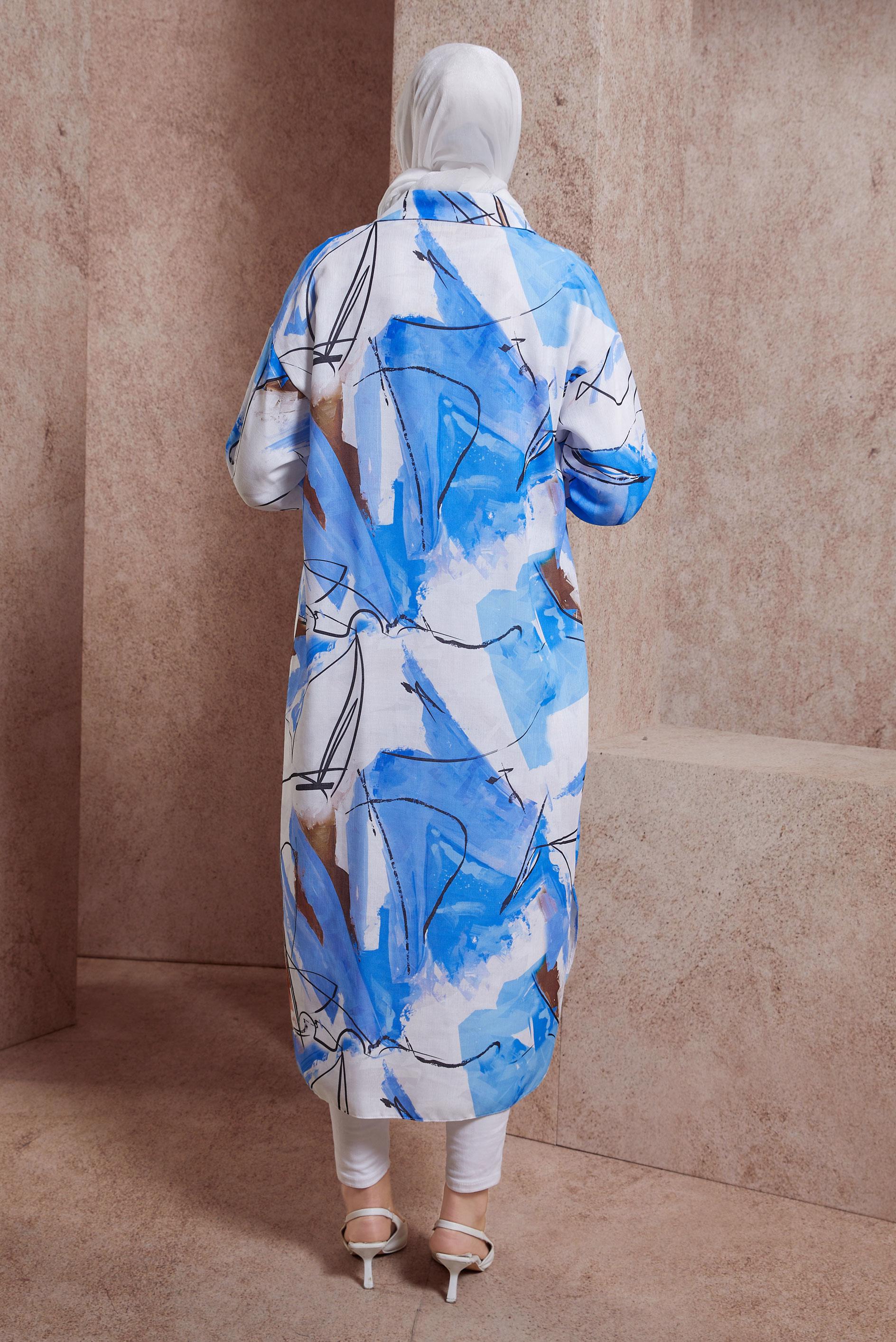 Tesettür giyim MAVİ DESENLİ UZUN TUNİK 44609