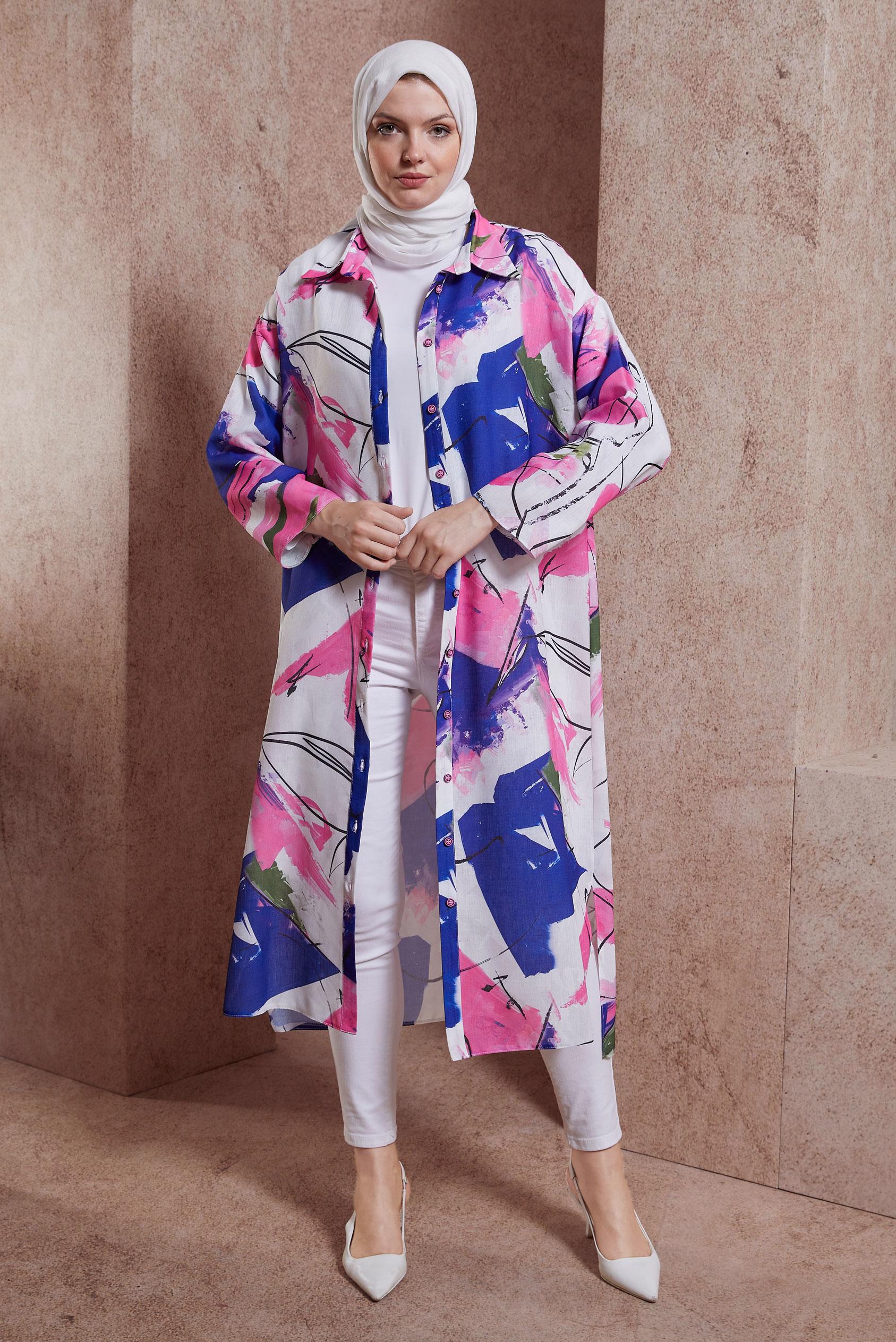 Tesettür giyim FUŞYA DESENLİ UZUN TUNİK 44609