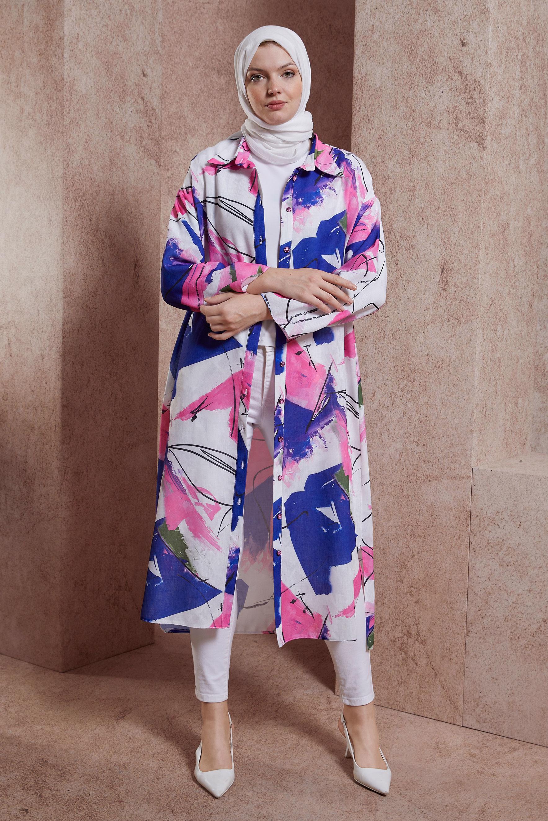 Tesettür giyim FUŞYA DESENLİ UZUN TUNİK 44609