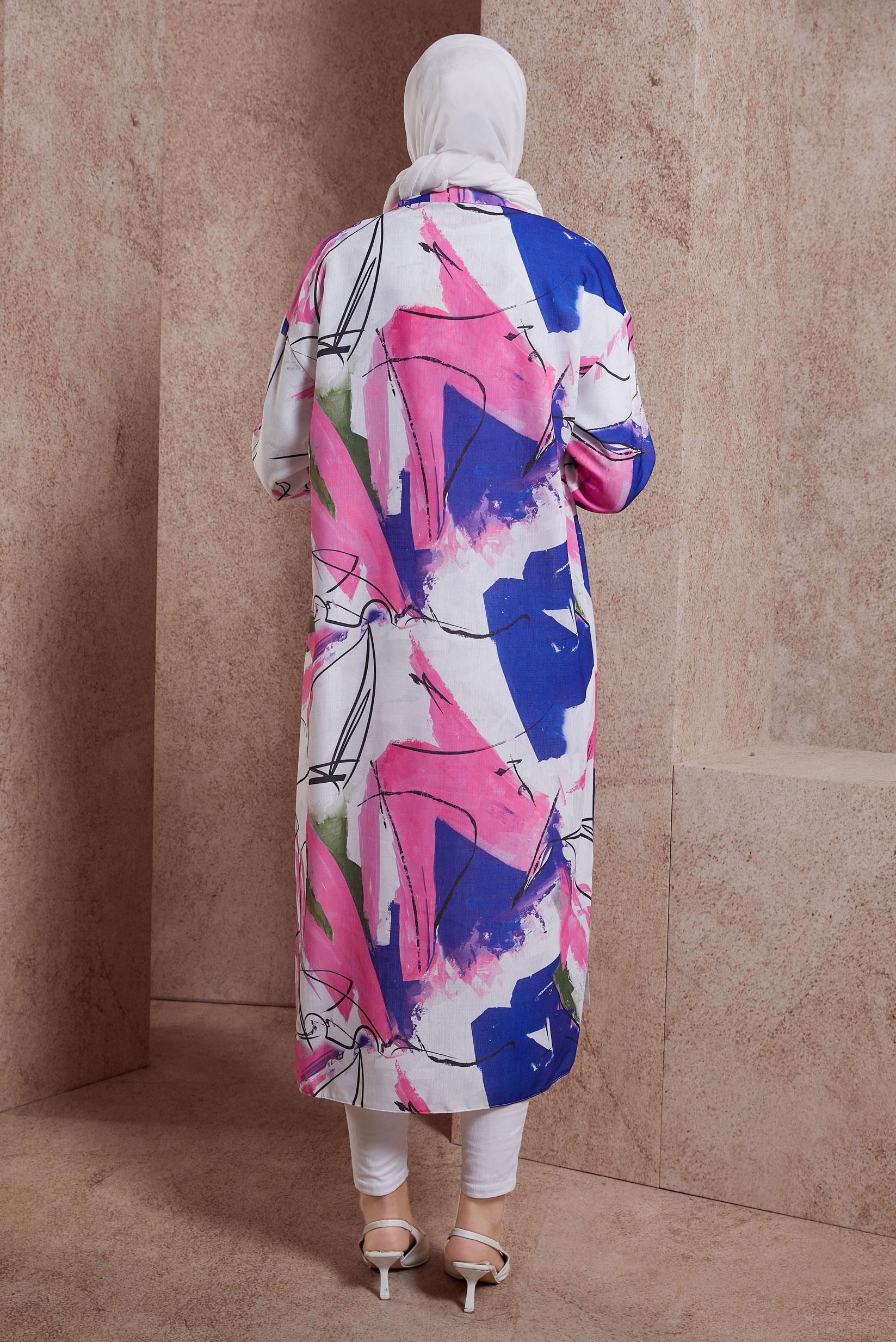 Tesettür giyim FUŞYA DESENLİ UZUN TUNİK 44609