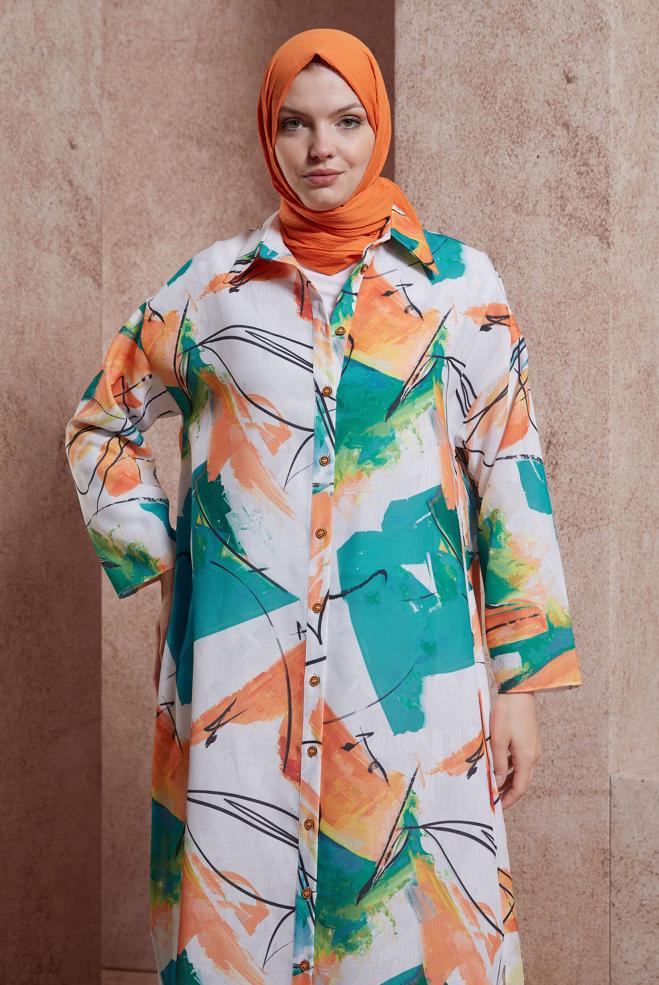 Tesettür giyim MAVİ DESENLİ UZUN TUNİK 44609 - ALVİNA