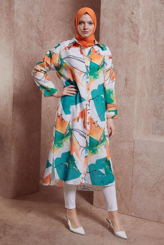 Tesettür giyim MAVİ DESENLİ UZUN TUNİK 44609 - ALVİNA