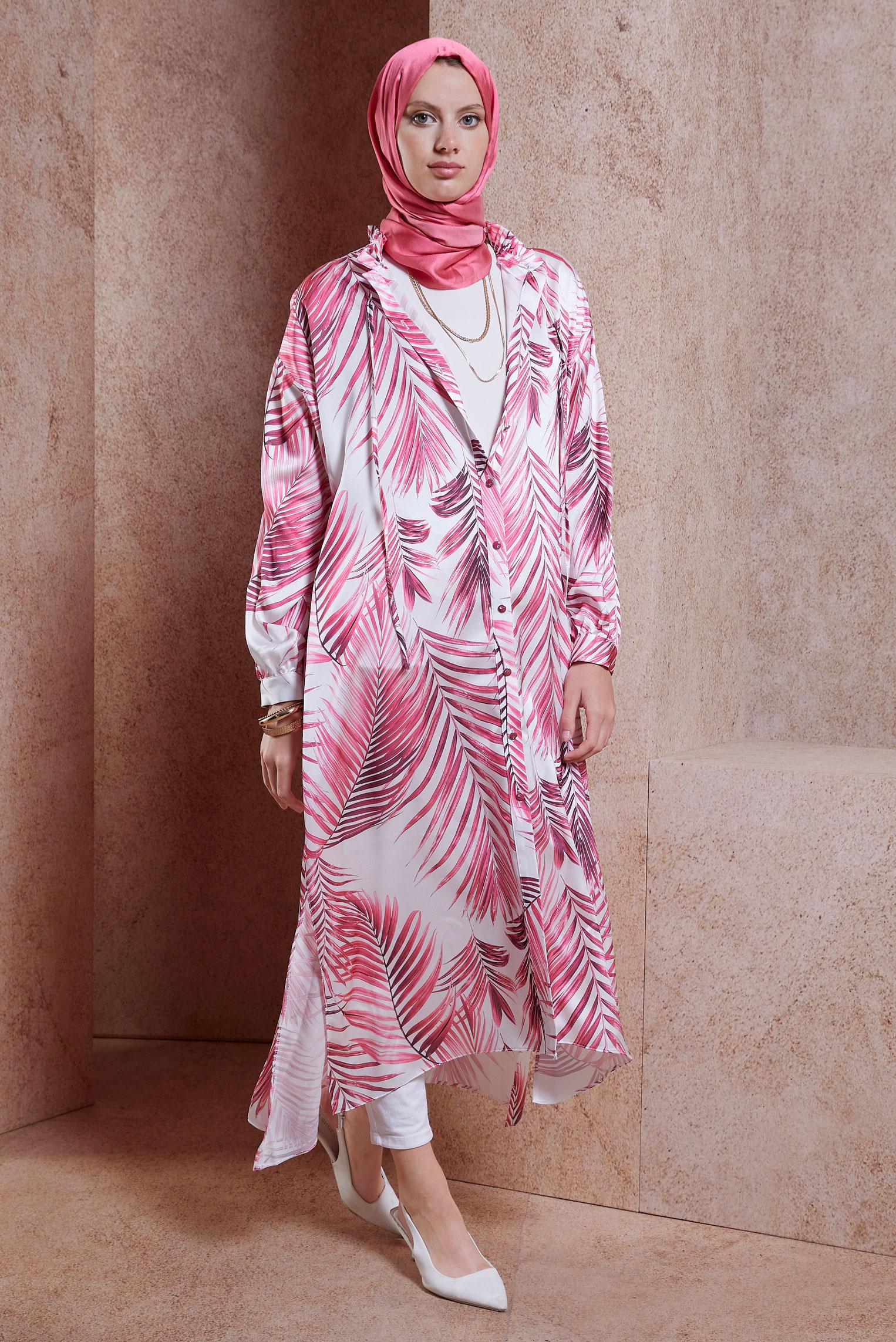 Tesettür giyim FUŞYA DESENLİ UZUN SATEN TUNİK 44611