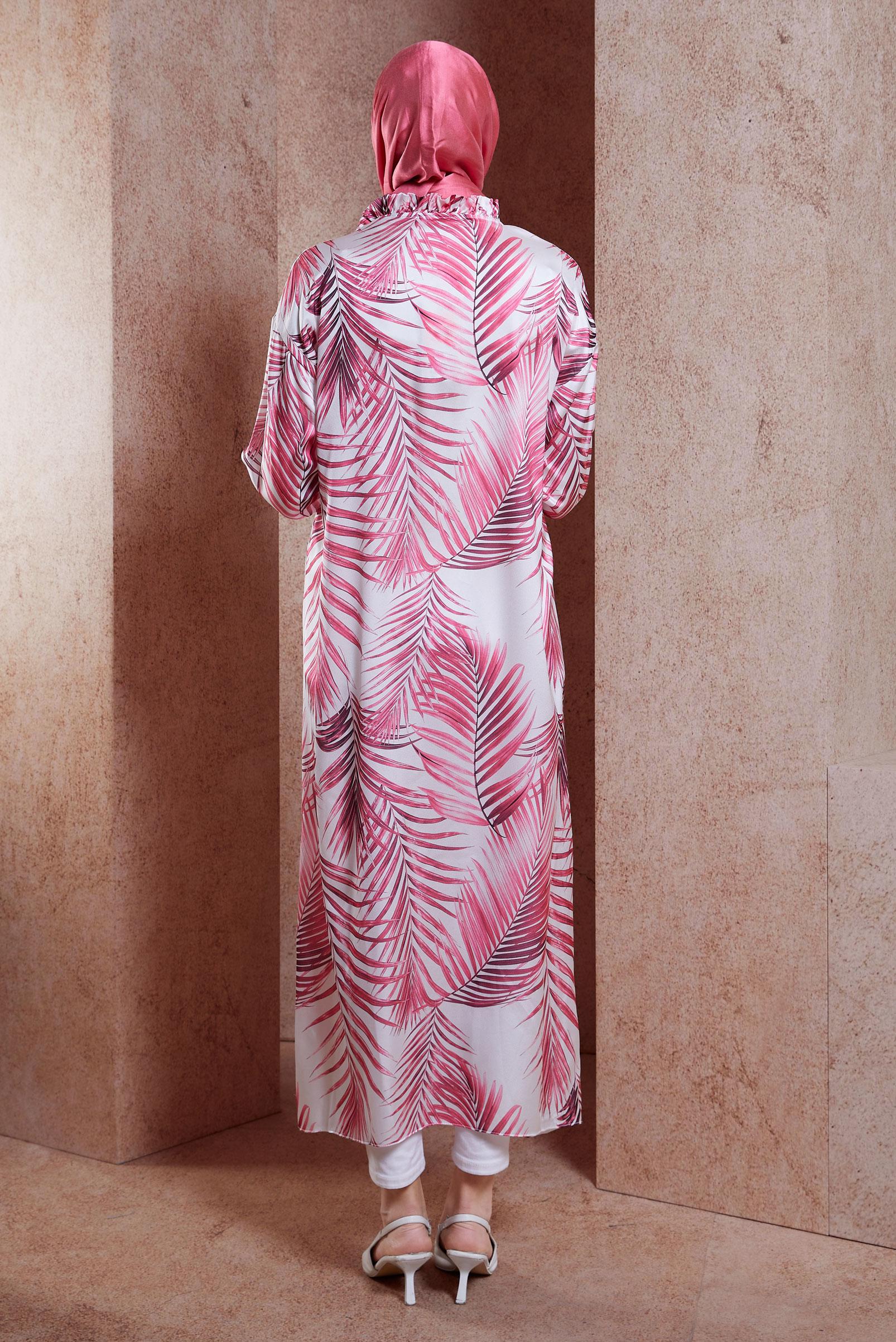 Tesettür giyim FUŞYA DESENLİ UZUN SATEN TUNİK 44611