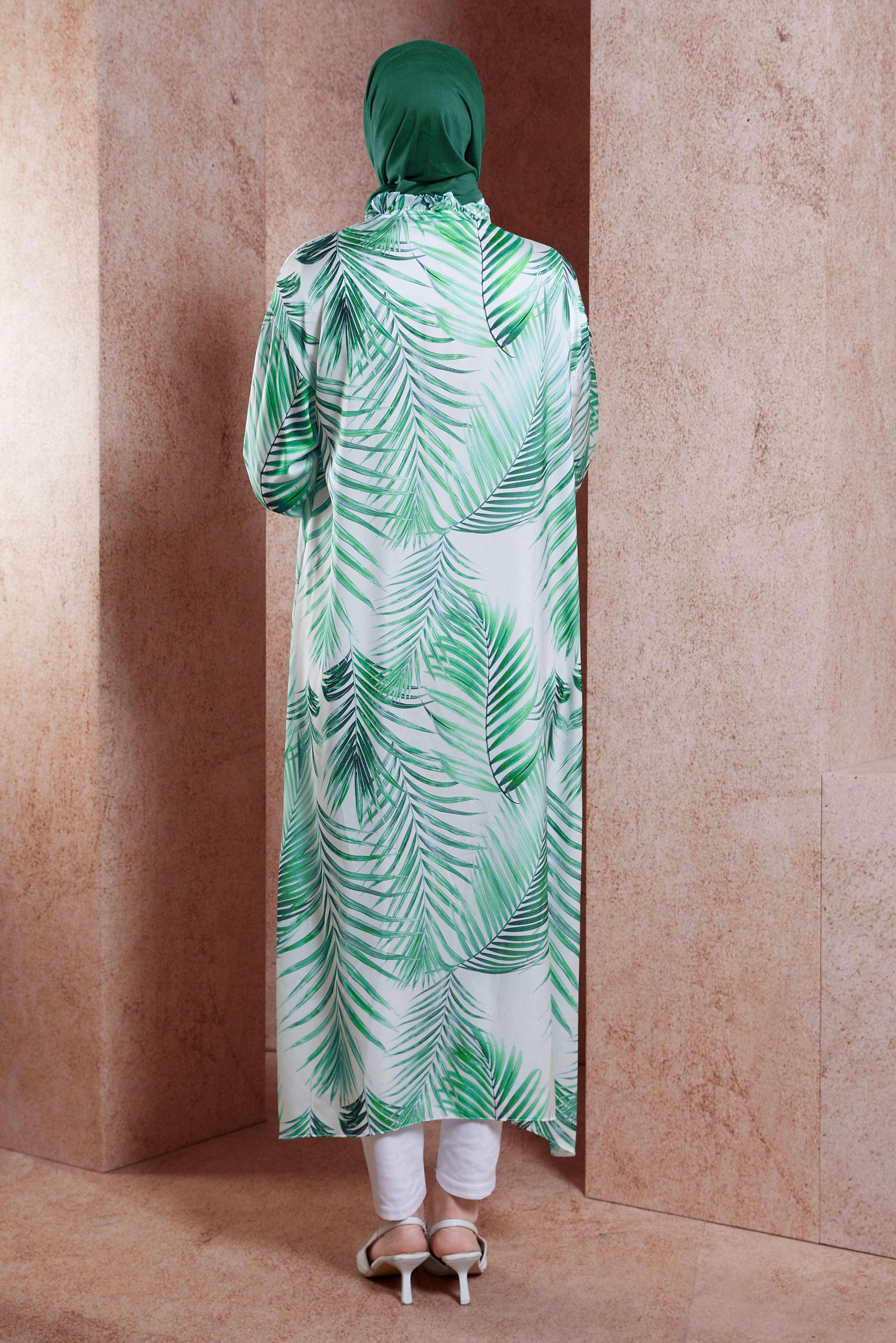 Tesettür giyim MAVİ DESENLİ UZUN SATEN TUNİK 44611