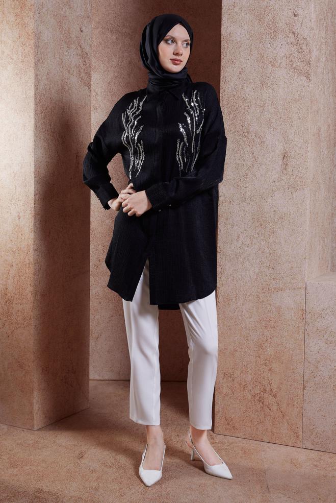 Tesettür giyim SİYAH PAYET DETAYLI TUNİK 44626 - ALVİNA