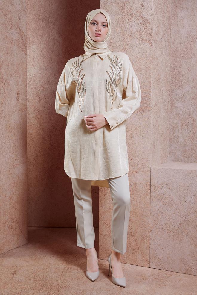 Tesettür giyim BEJ PAYET DETAYLI TUNİK 44626 - ALVİNA