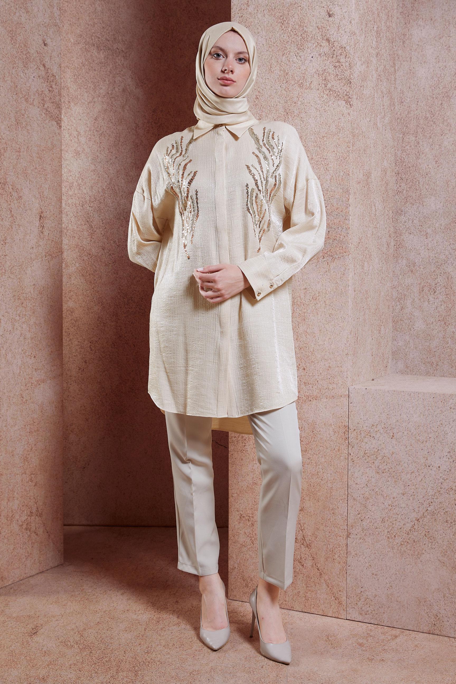 Vêtements hijab BEIGE TUNIQUE À PAILLETTES 44626