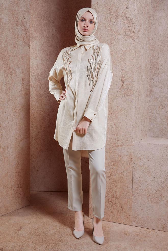 Tesettür giyim BEJ PAYET DETAYLI TUNİK 44626 - ALVİNA