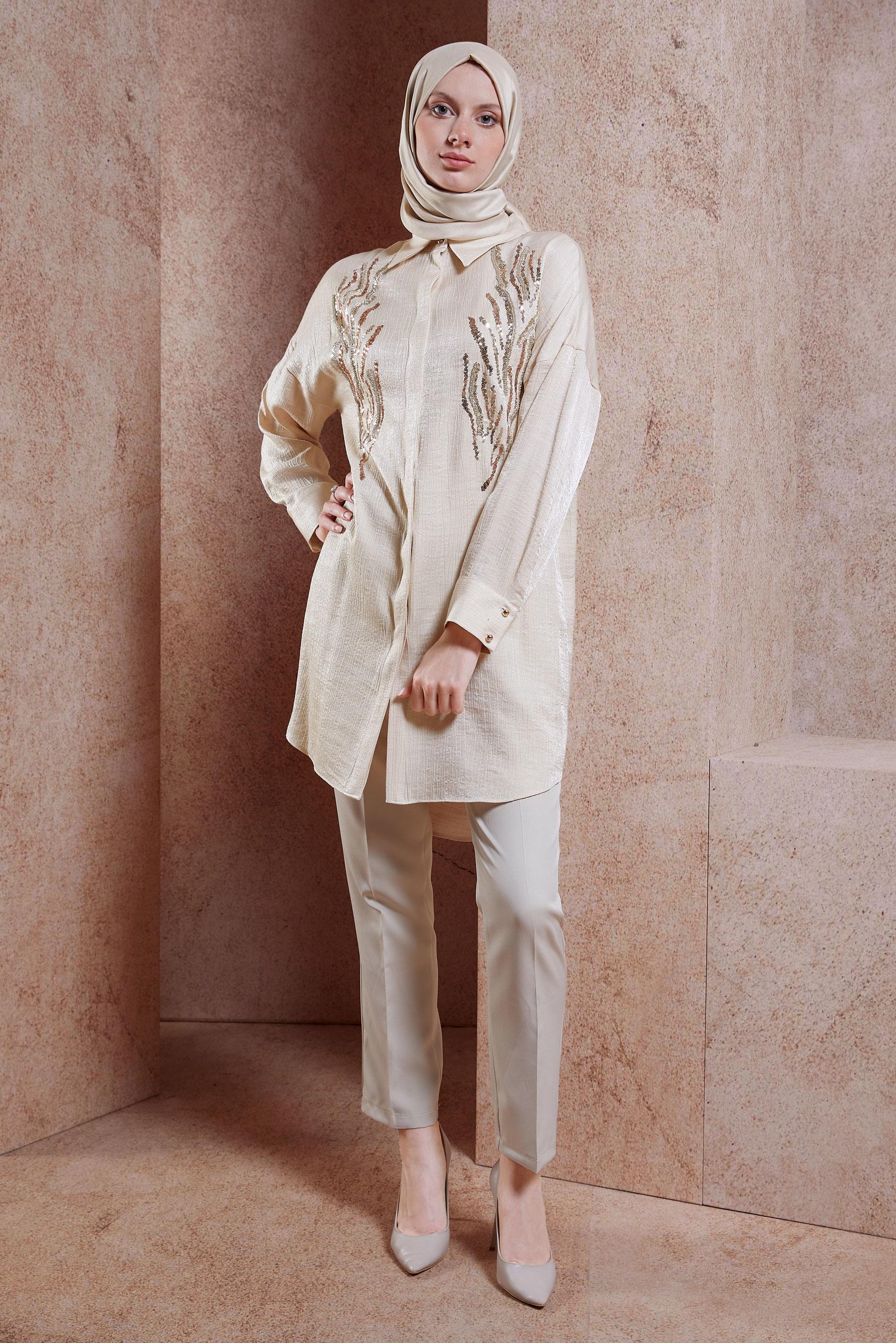 Vêtements hijab BEIGE TUNIQUE À PAILLETTES 44626